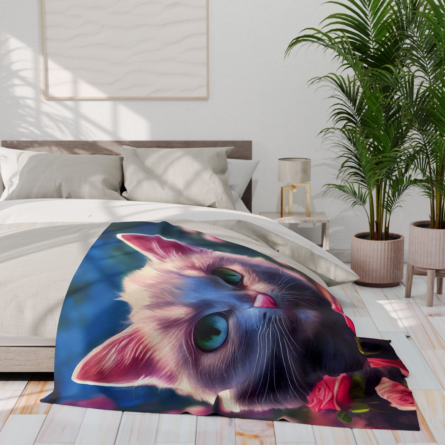 Cozy Cat-Themed Fleece Blanket, Cute Cat Gift, Floral Throw Blanket, Pet Lover Decor, Cat Lover Gift, Home Comforts