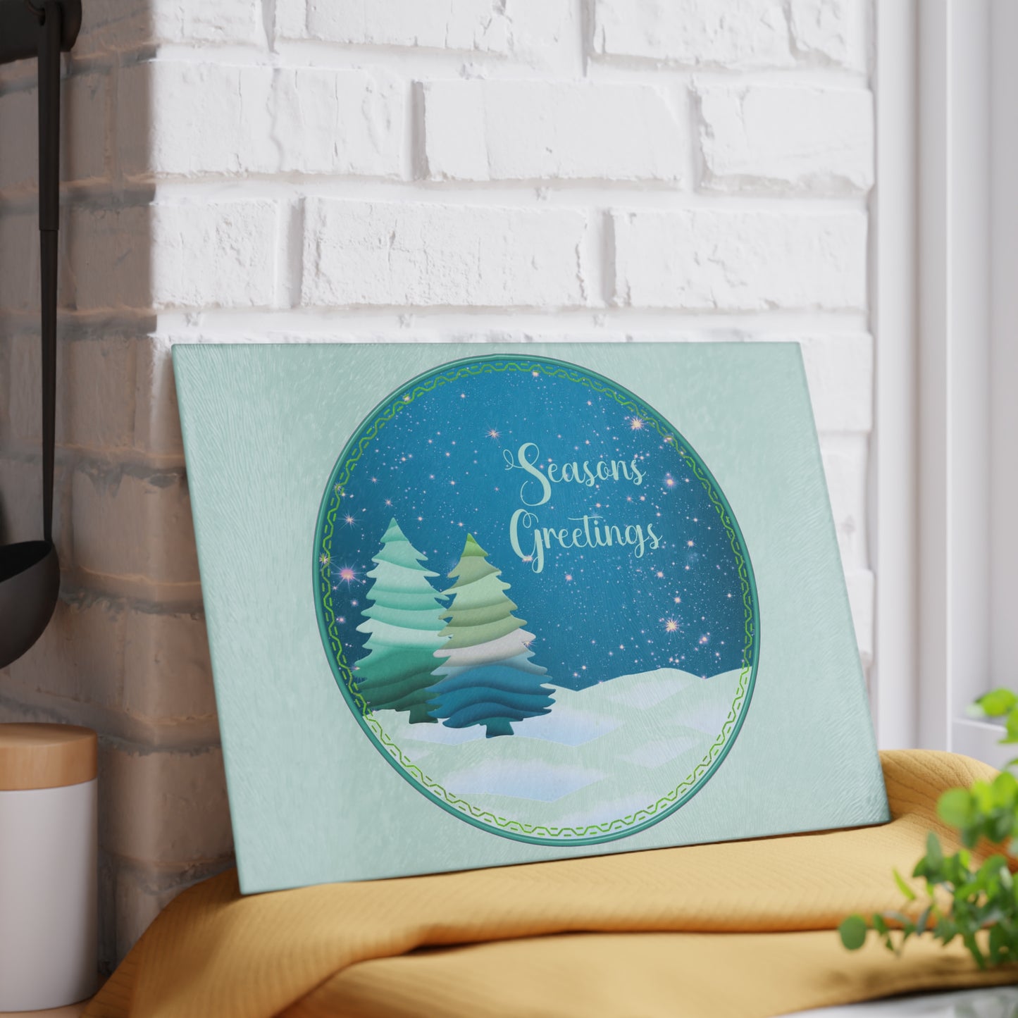 Seasons Greetings Glass Cutting Board – Festive Winter Trees Holiday Kitchen Decor
