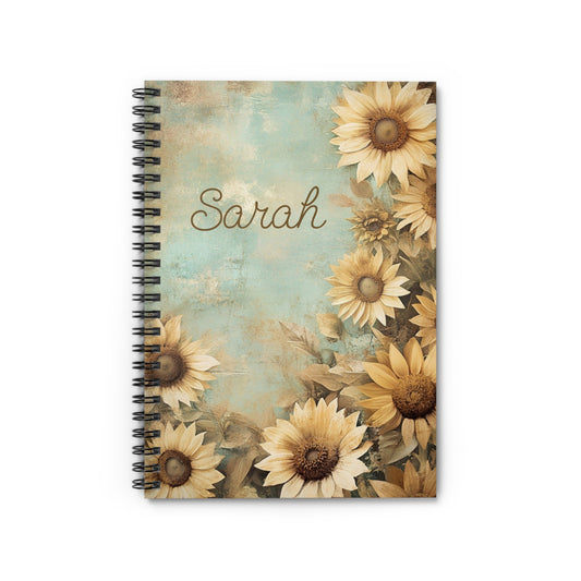 Personalized Floral Spiral Notebook - Sarah, Journal, Gift, Stationery, School, Writing, Notebook with Sunflowers