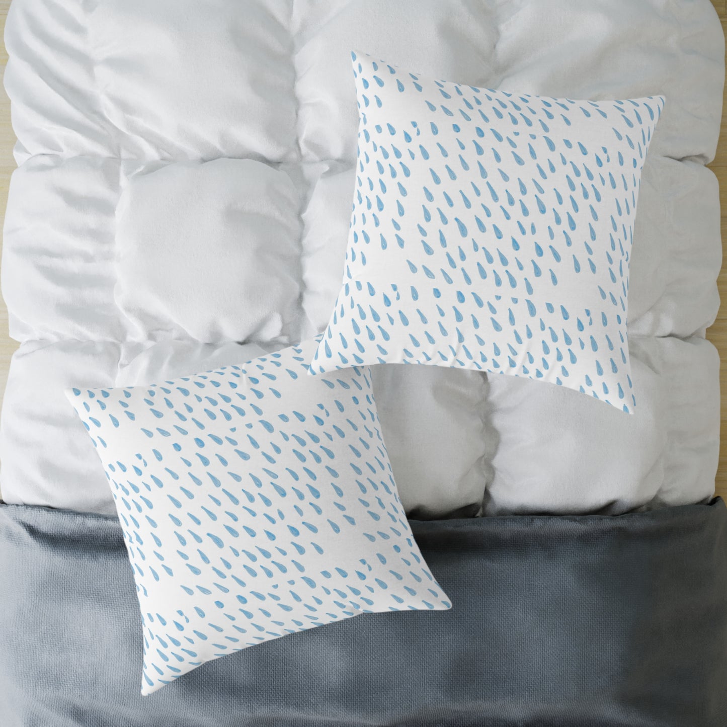 Blue Raindrop Pattern Square Pillow — Minimal Coastal Decorative Throw Pillow