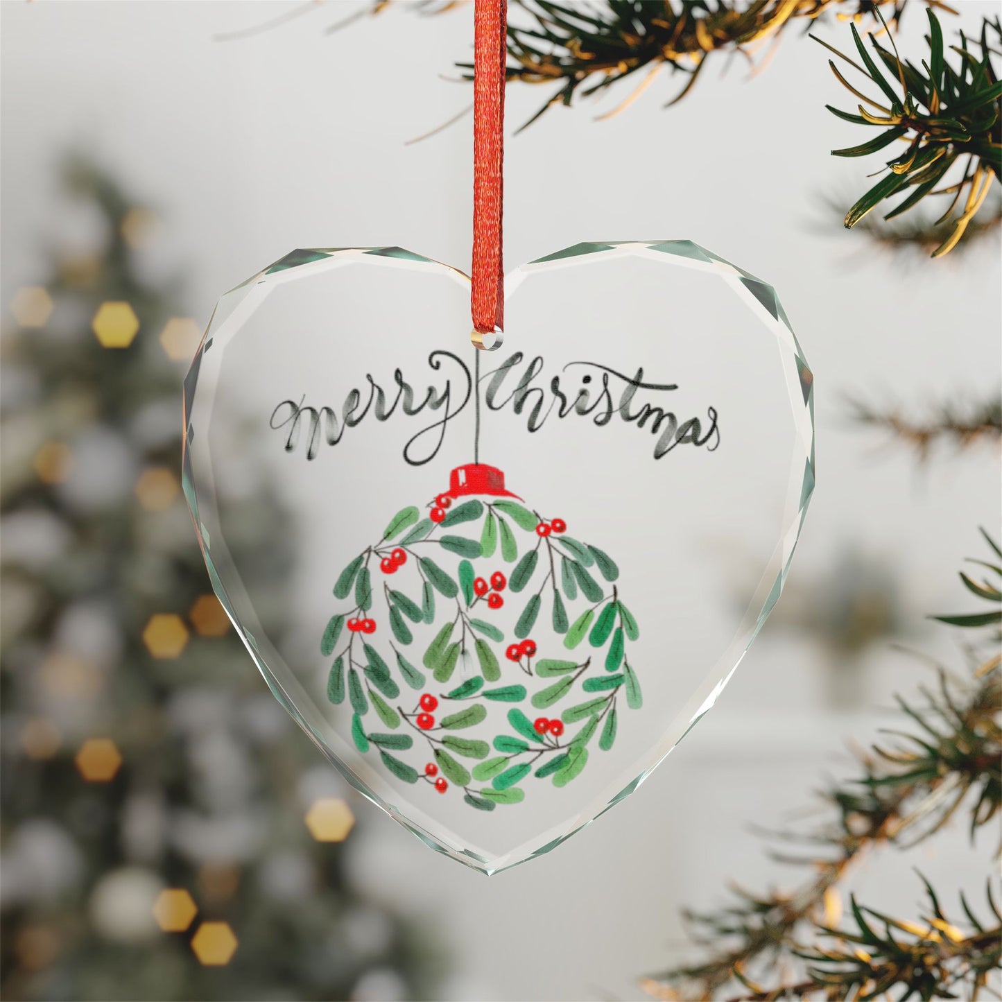 Christmas Heart Crystal Ornament – Merry Christmas Mistletoe Glass Decoration