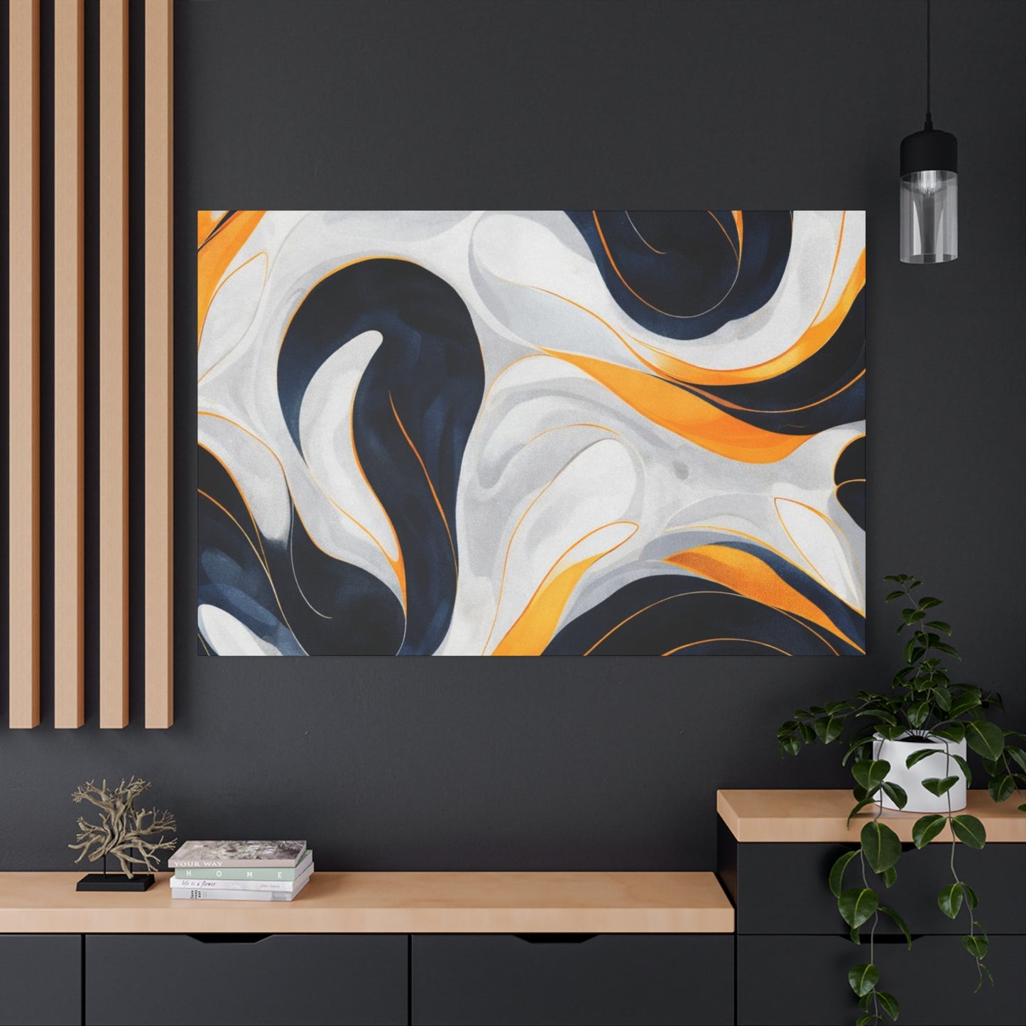 Abstract Fluid Art Matte Canvas Print — Navy, Gold & White Stretched Wall Art