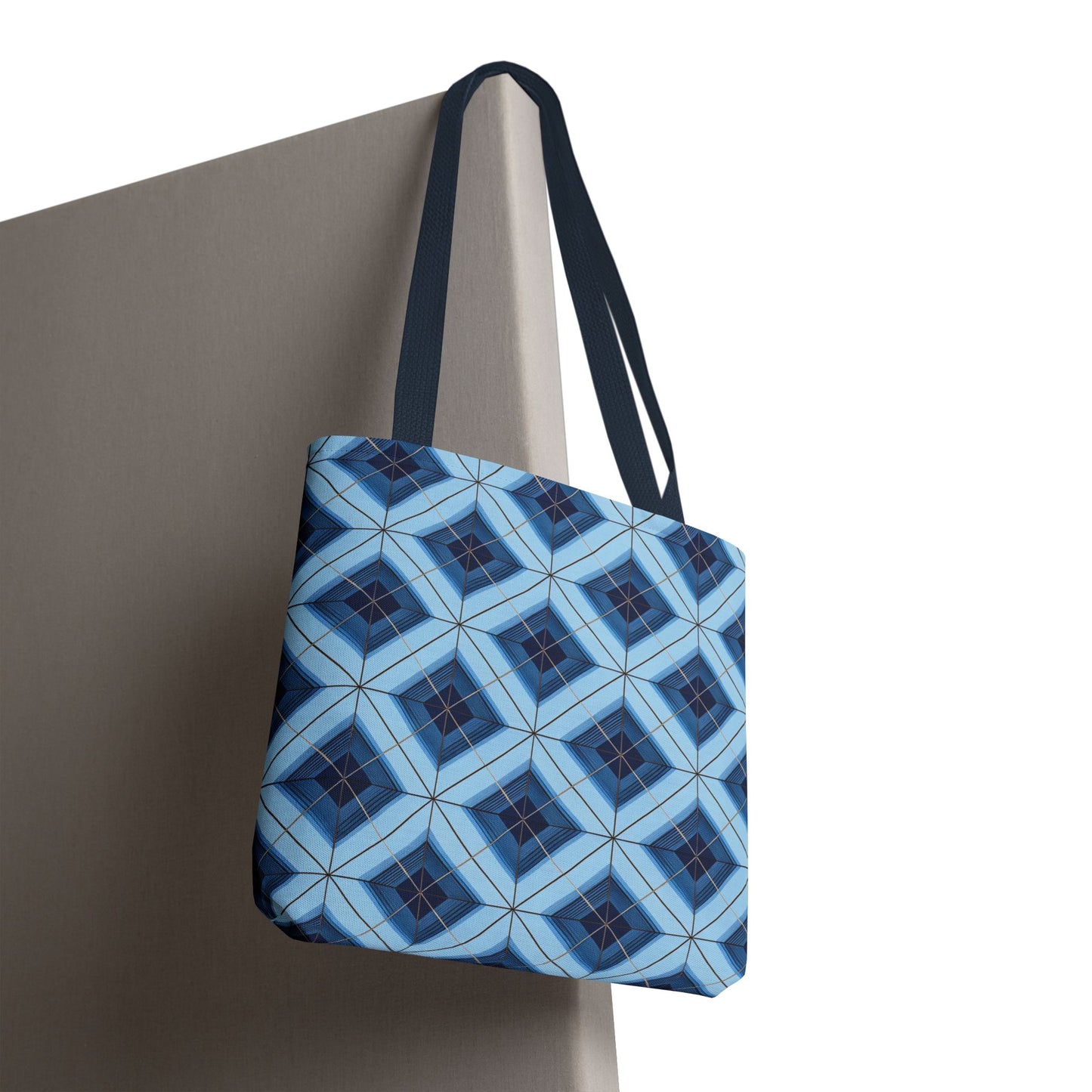 Blue Geometric Tote Bag — Repeating Diamond Pattern AOP