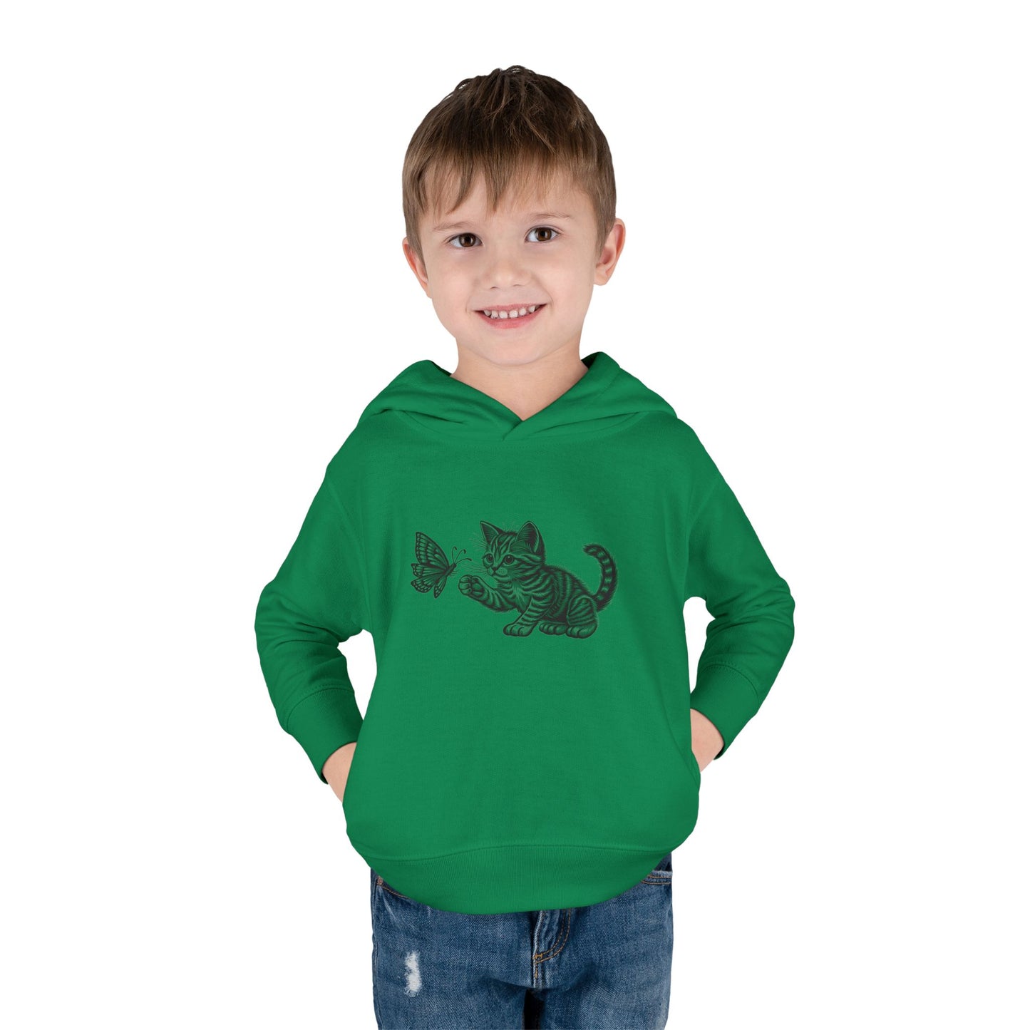 Cute Cat and Butterfly Toddler Hoodie, Toddler Pullover, Kids Fleece Hoodie, Animal Lover Gift, Playtime Pullover