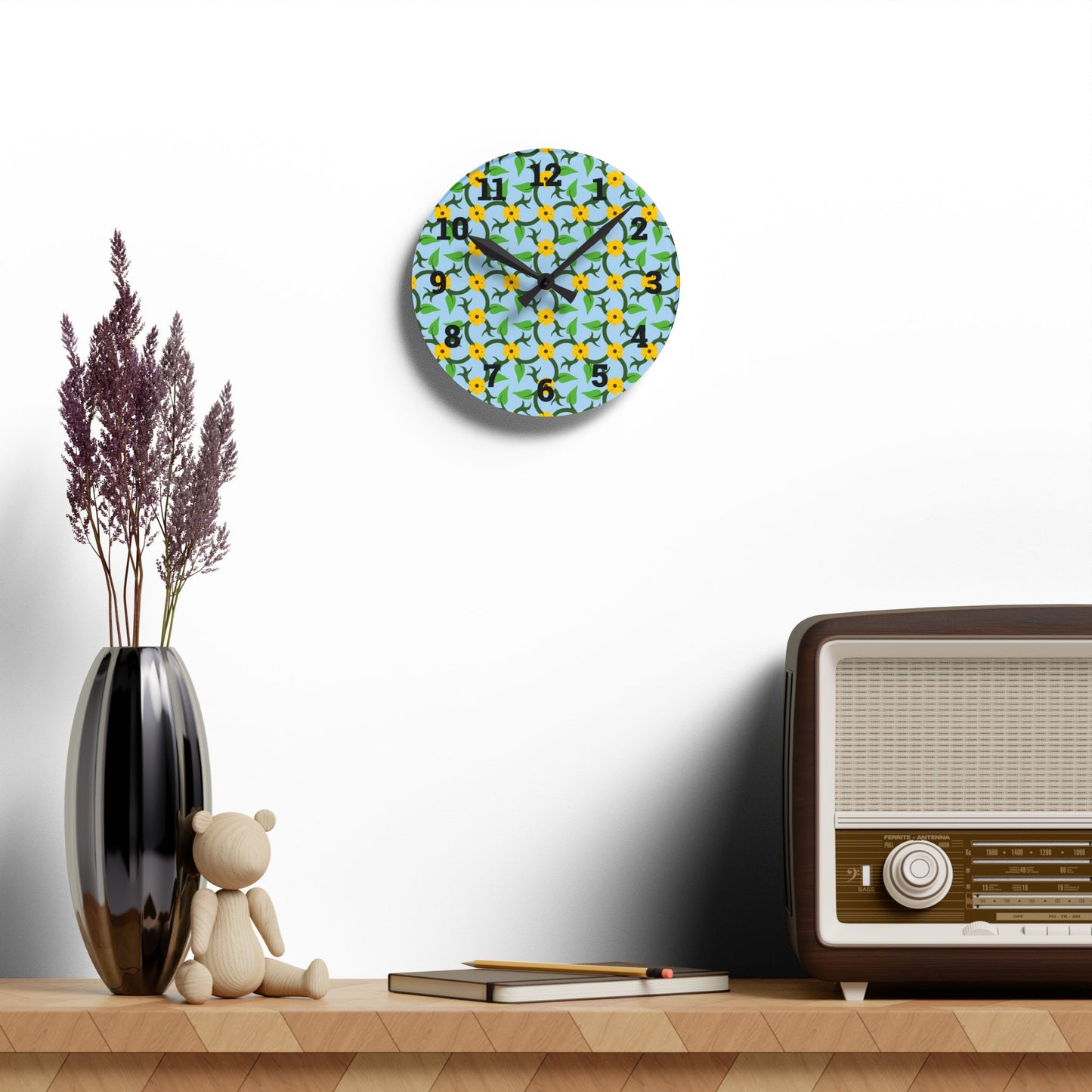 Vibrant Floral Acrylic Wall Clock, Modern Home Decor, Kitchen Wall Art