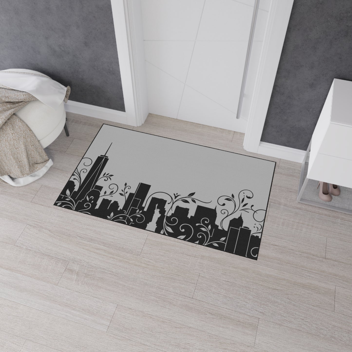 City Skyline Heavy-Duty Floor Mat — Black Urban Floral Door Rug