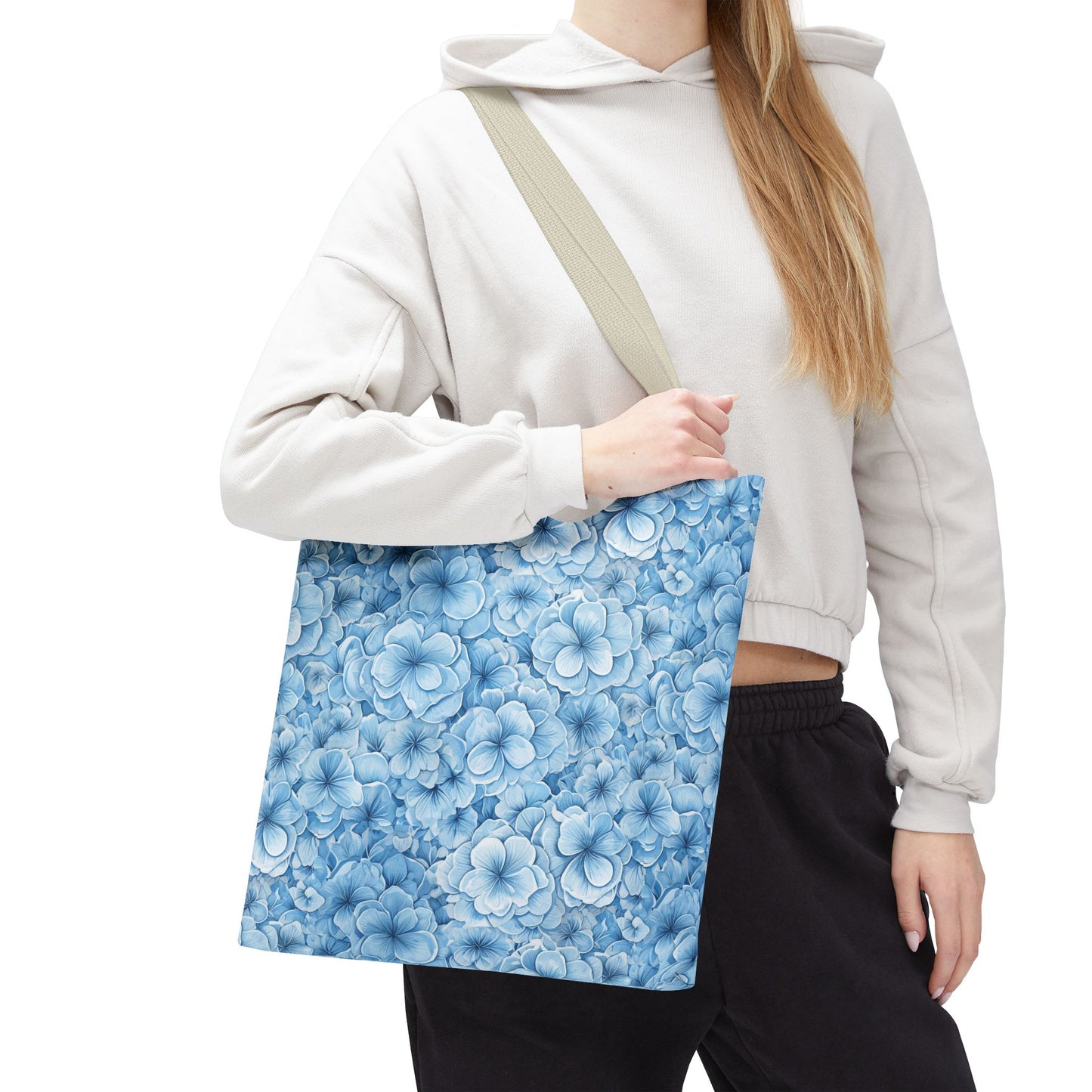 Blue Watercolor Floral Tote Bag — Reusable Flower Pattern Shopper