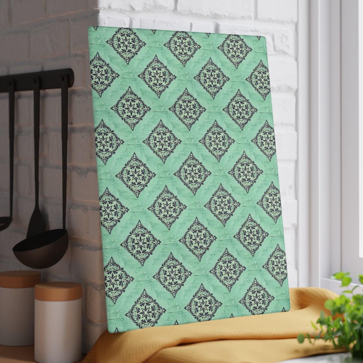 Mint Damask Glass Cutting Board — Decorative Kitchen Chopping Board