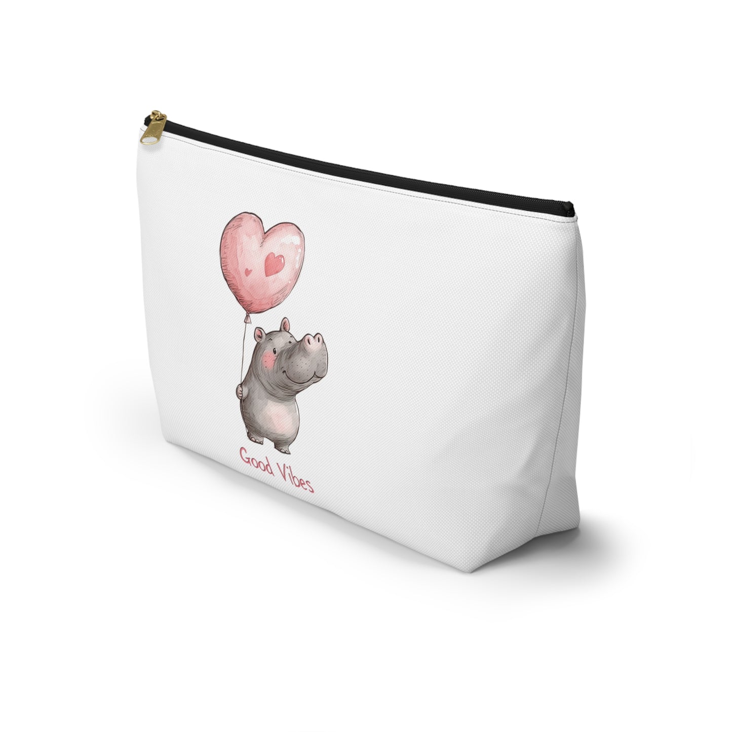 Good Vibes Hippo Accessory Pouch, Cute Makeup Bag, Gift for Animal Lovers, Fun Travel Organizer, Heart Balloon Design