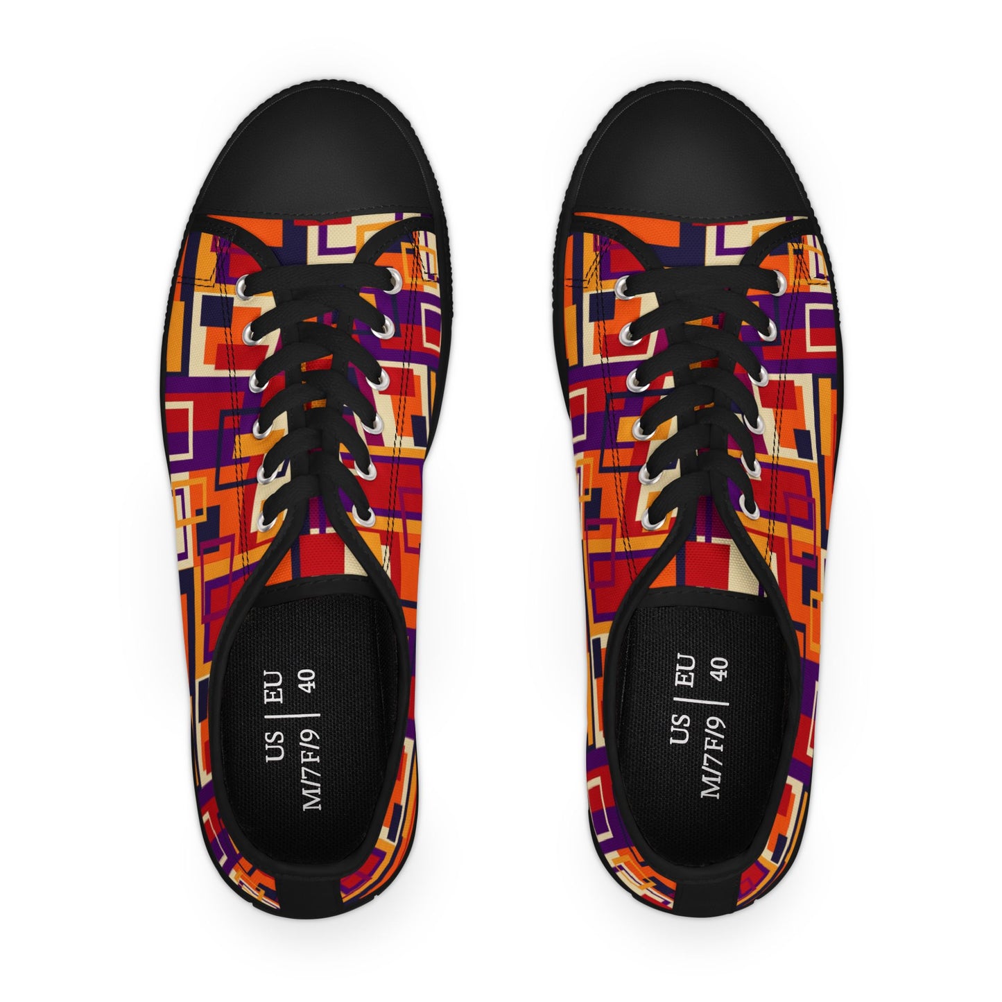 Retro Geometric Women's Low Top Sneakers — Bold Orange & Purple Patchwork Canvas