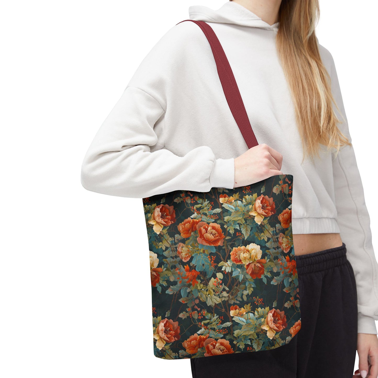 Vintage Rose Floral Tote Bag – Dark Botanical All-Over Print