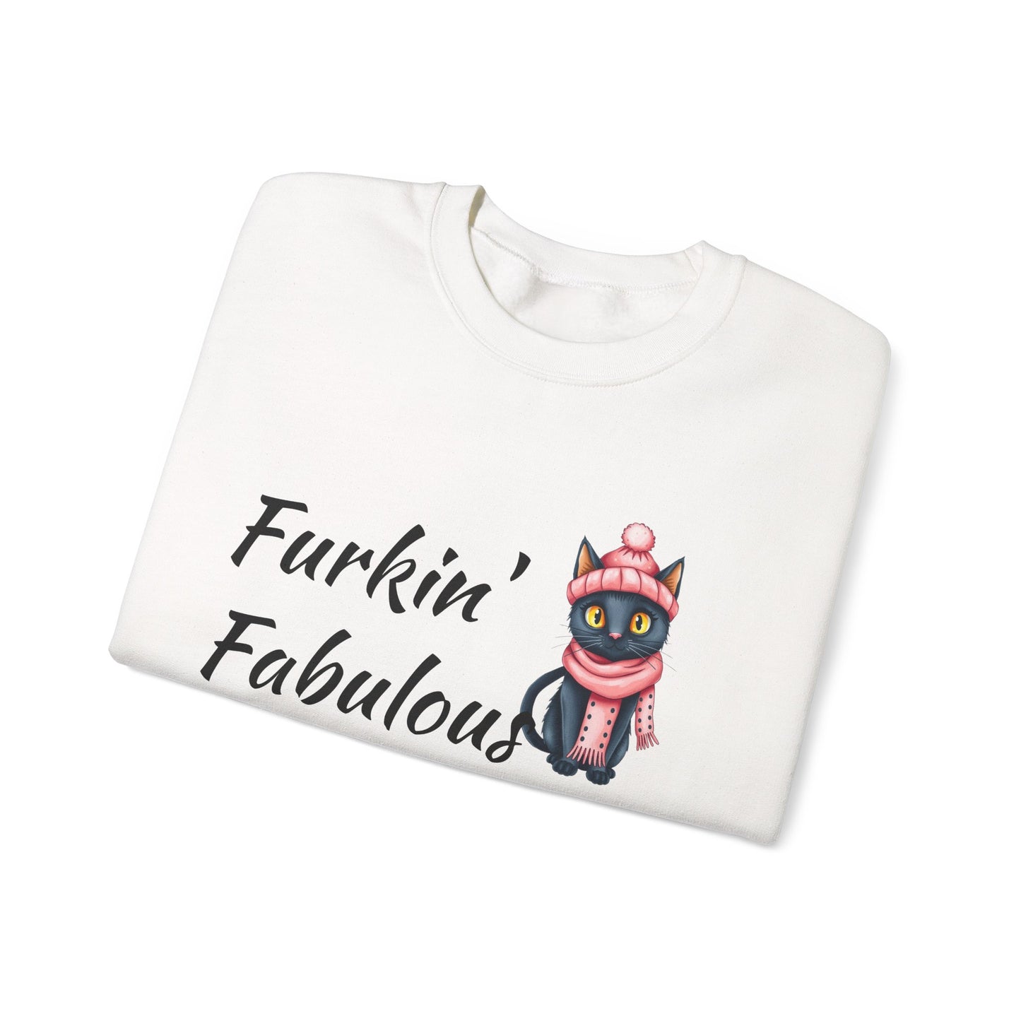 Crewneck Sweatshirt — "Furkin' Fabulous" Cute Black Cat in Pink Hat & Scarf