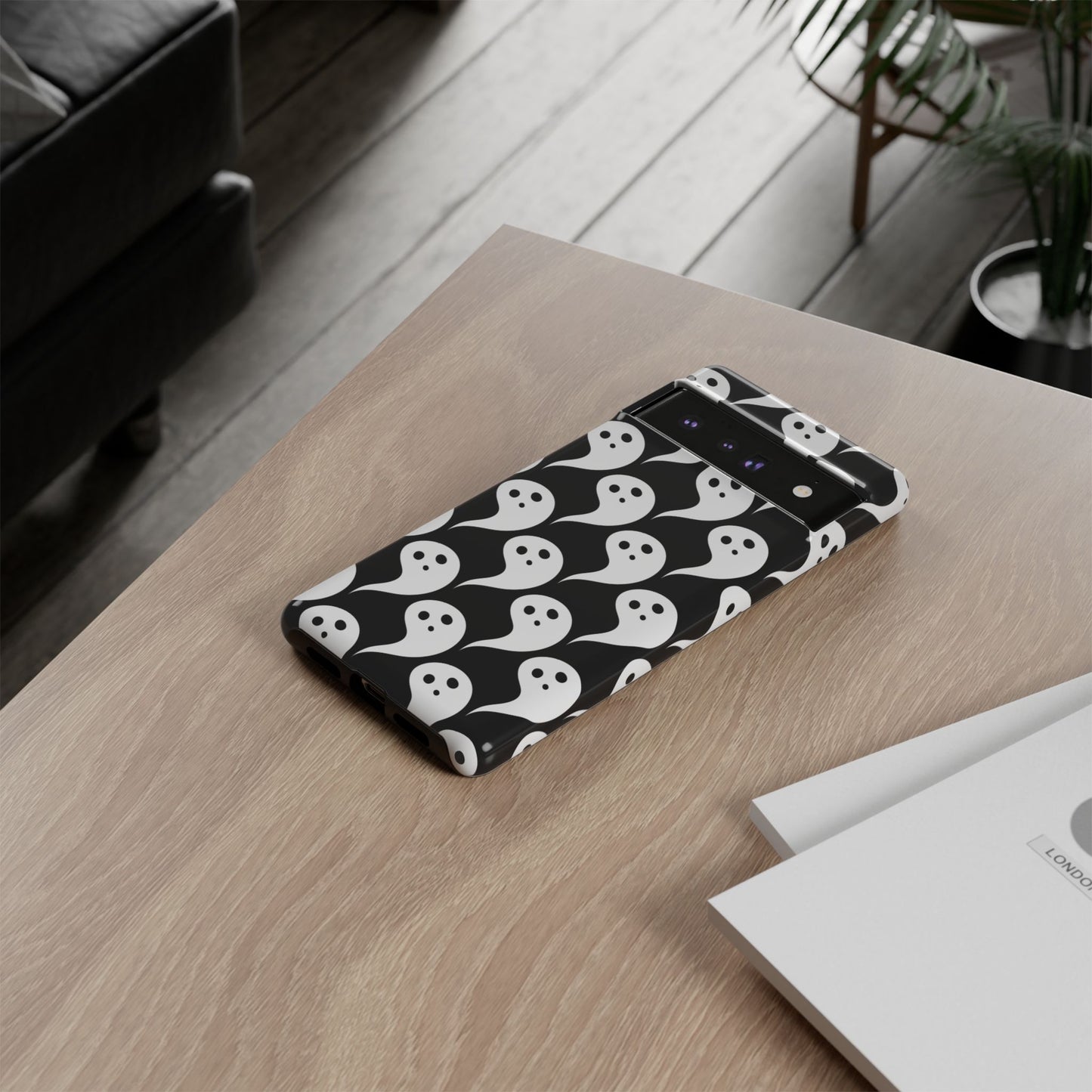 Ghost Pattern Phone Case, Cute Ghost Cell Phone Cover, Halloween Accessory, Spooky Gift, Black and White Phone Case