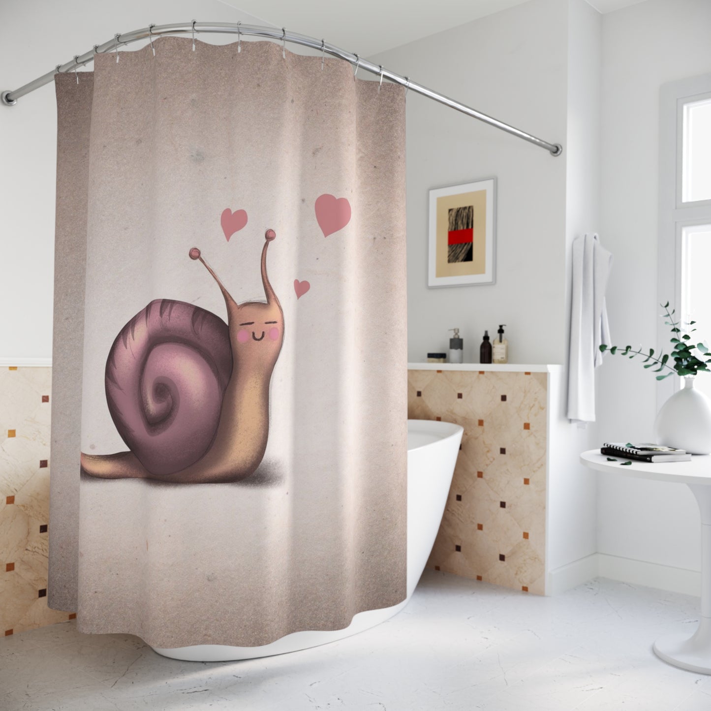 Cute Snail Shower Curtain — Romantic Hearts Bathroom Decor