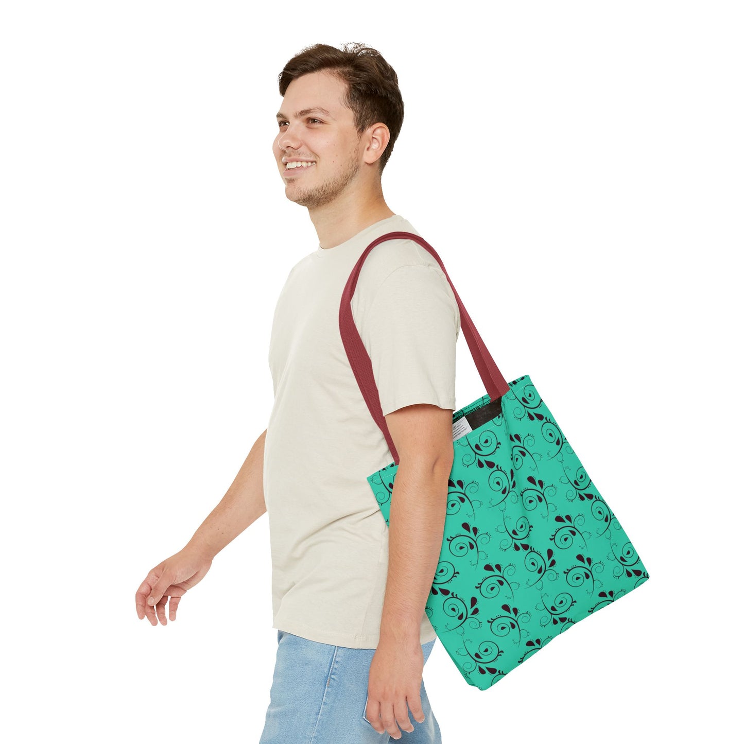 Turquoise Floral Swirl Tote Bag – All-Over Print Stylish Shopping Bag