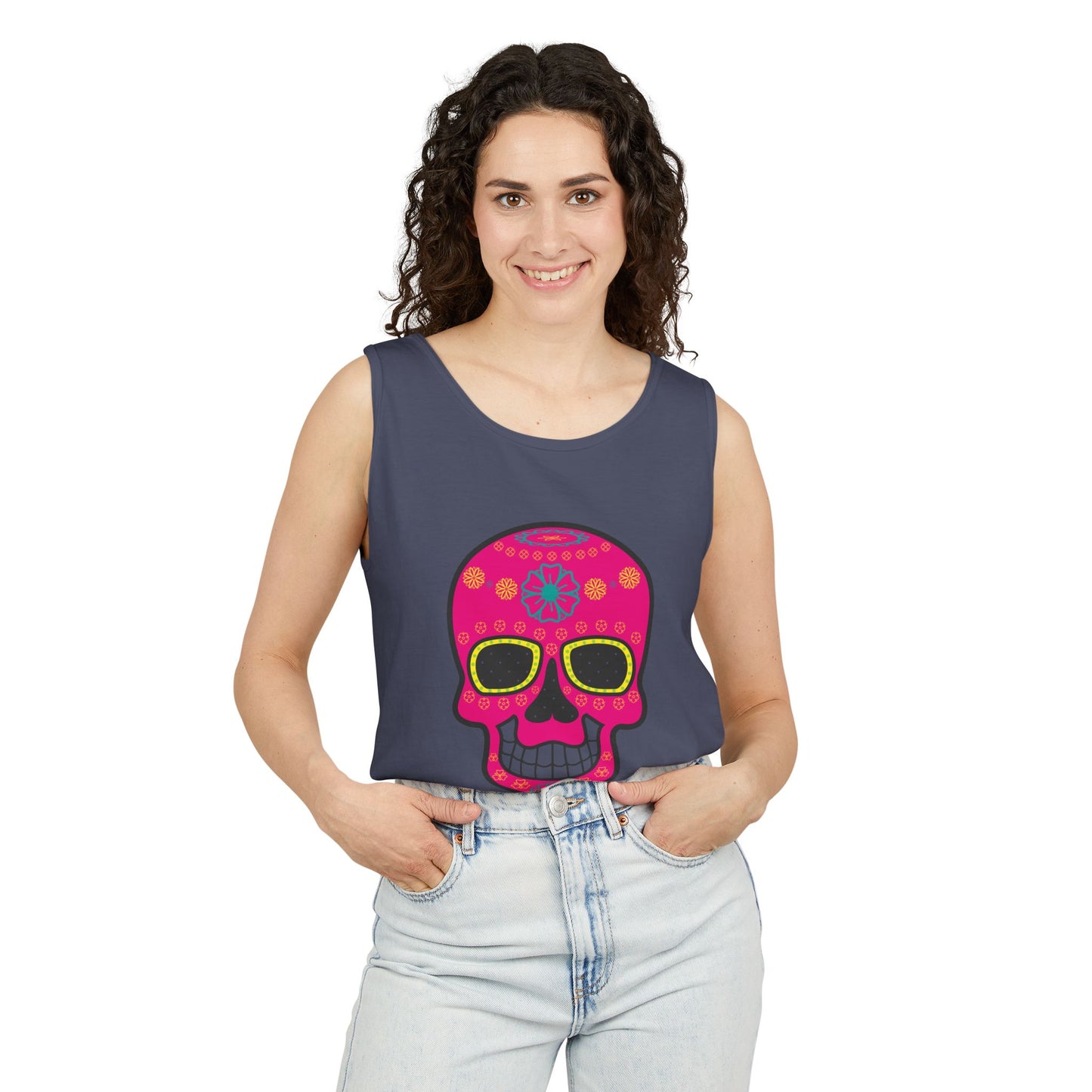 Colorful Dia de los Muertos Skull Tank Top, Unisex Summer Tee, Festival Wear