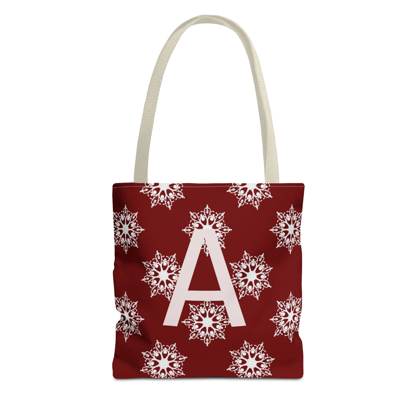 Monogram A Snowflake Tote Bag — Personalized Holiday AOP Tote