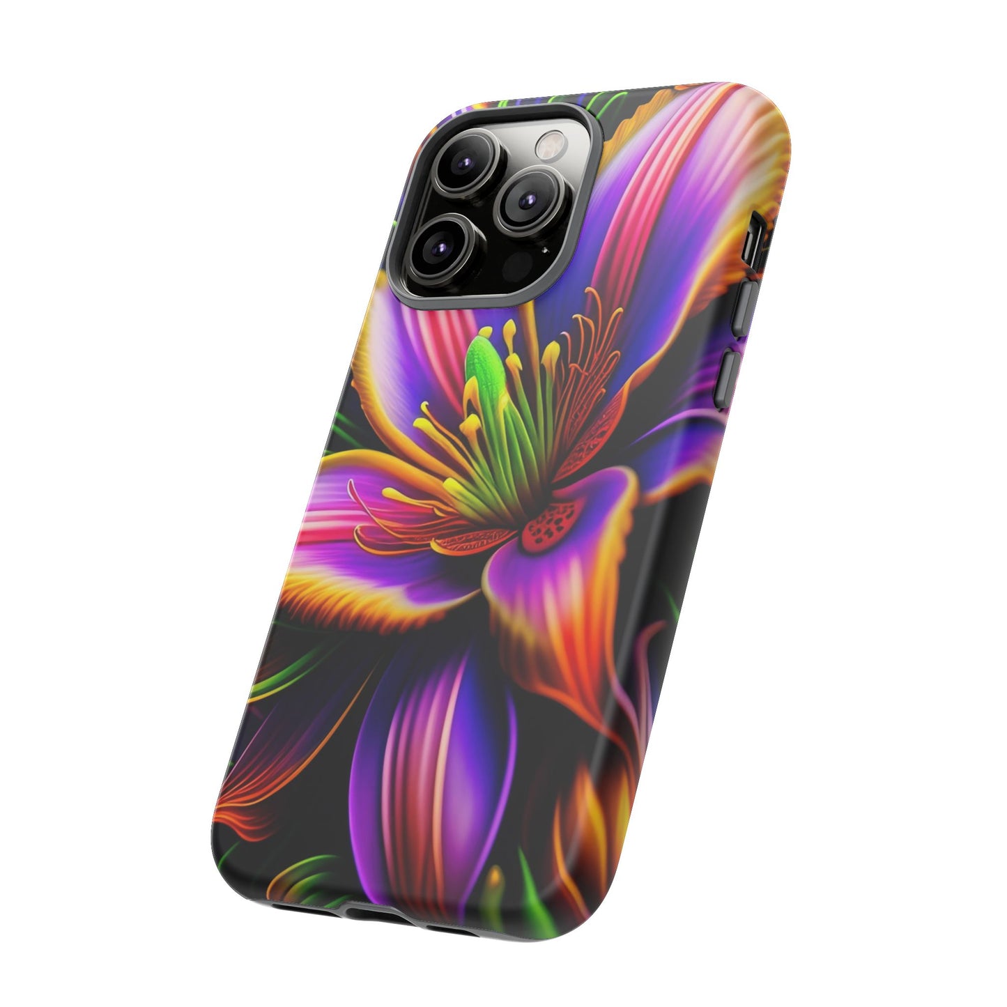 Floral Neon Tough Phone Case — Vivid Purple & Orange Lily Protective Cover