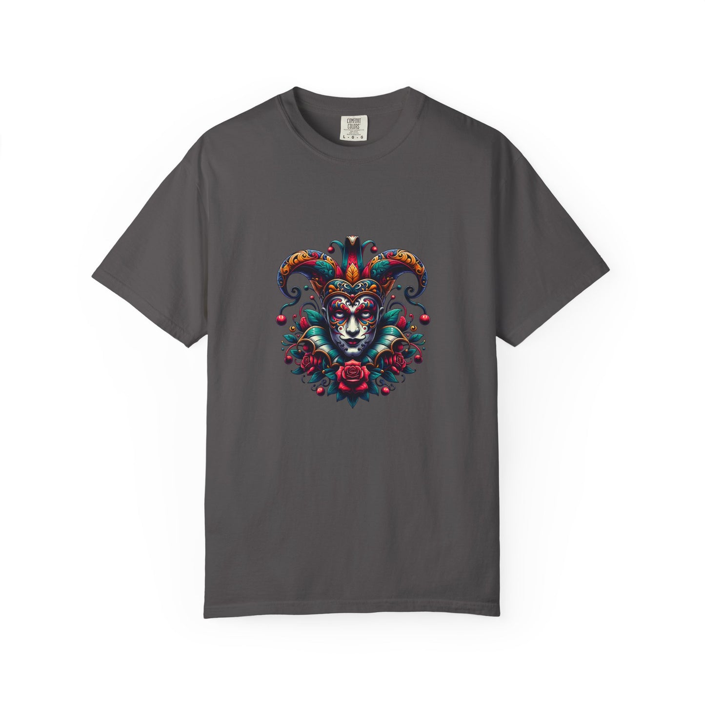Vibrant Unisex Garment-Dyed T-shirt Featuring Colorful Jester Design, Festival Fashion