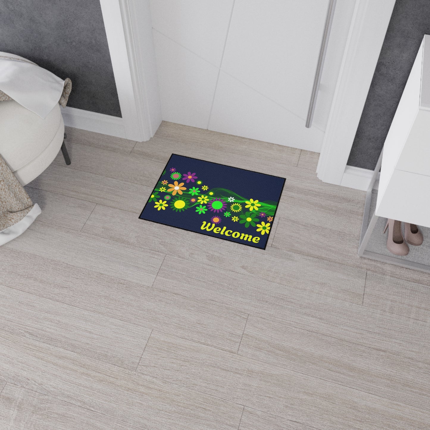 Welcome Floral Heavy-Duty Floor Mat — Colorful Spring Flowers Door Mat