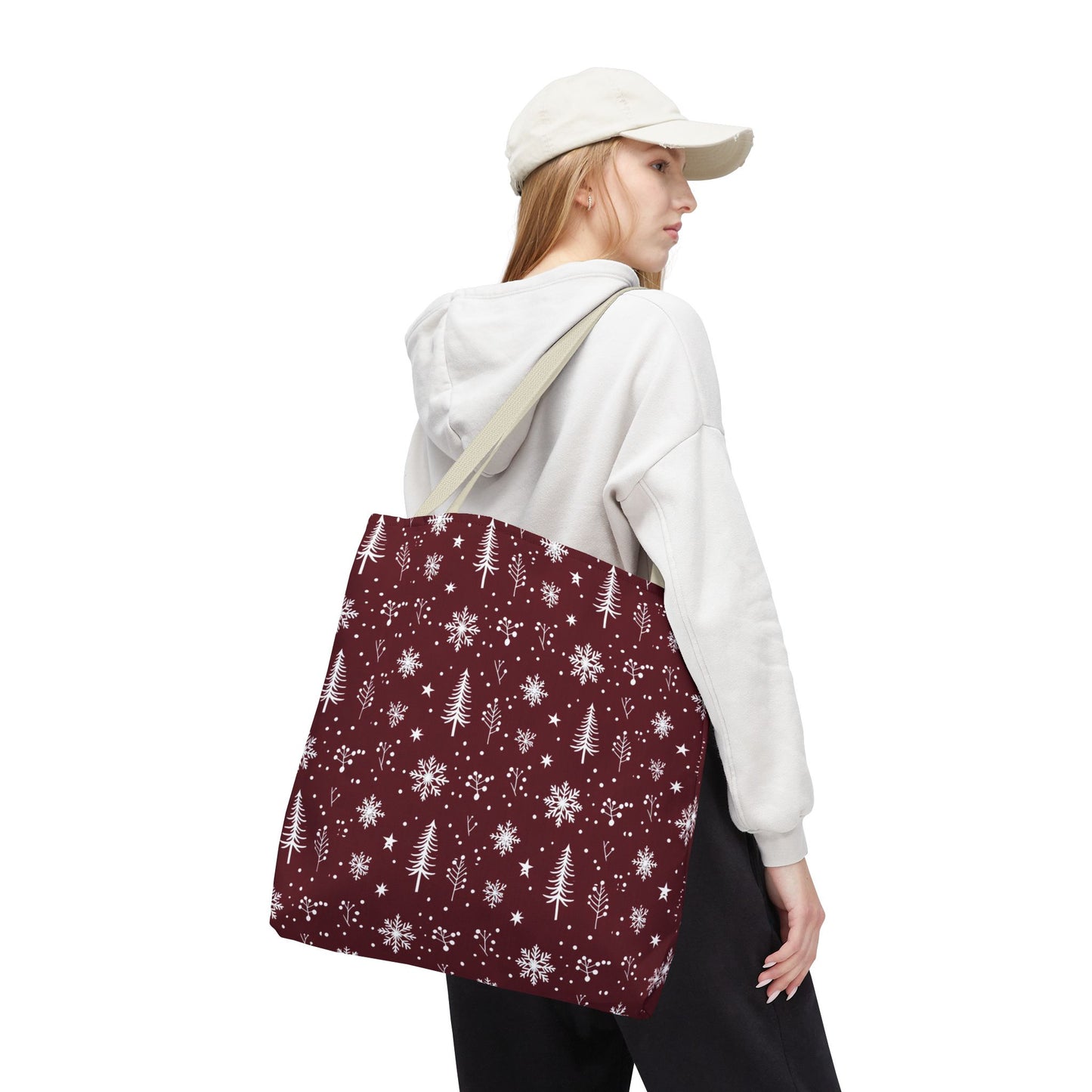 Christmas Snowflake Tote Bag – Burgundy Holiday Patterned Carryall