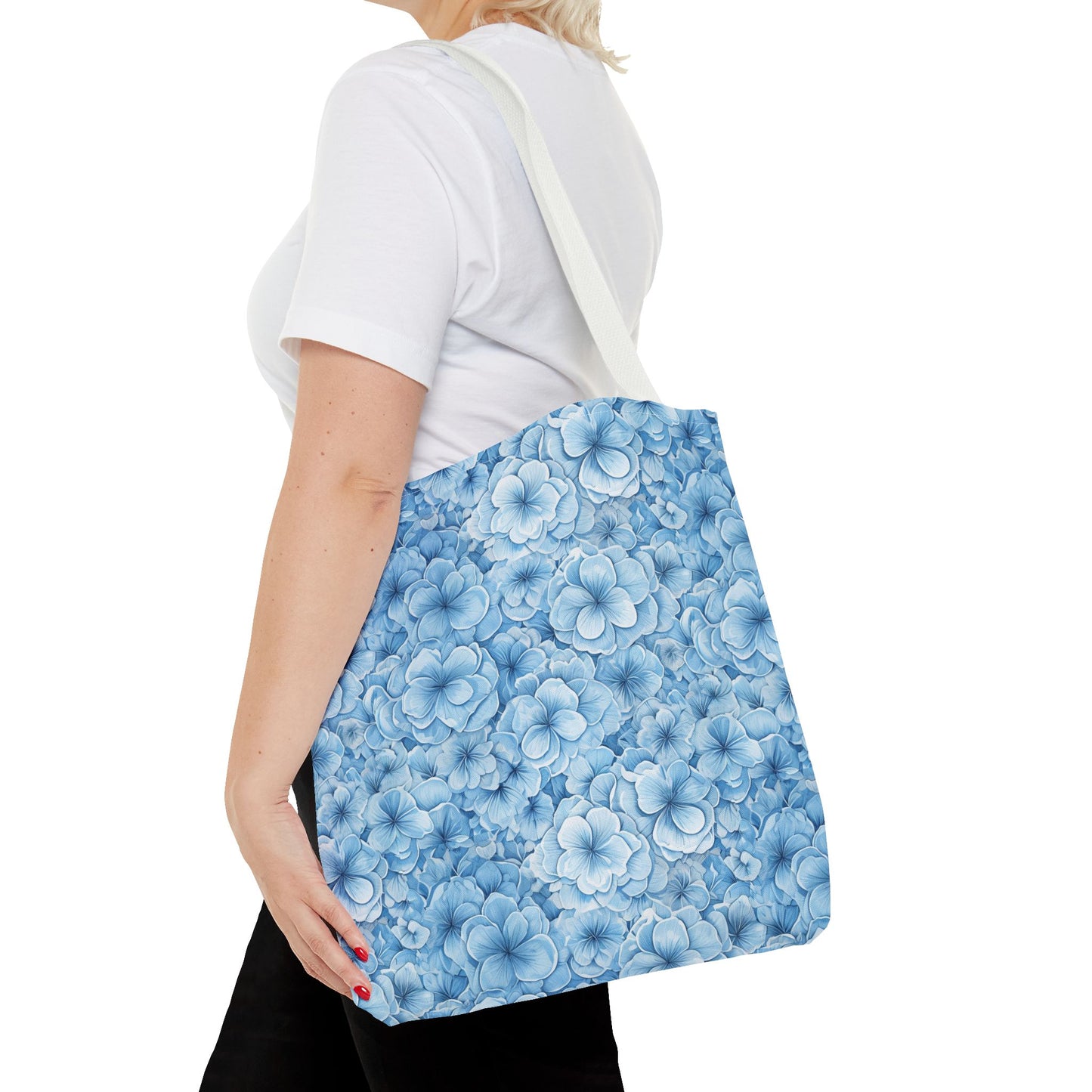 Blue Watercolor Floral Tote Bag — Reusable Flower Pattern Shopper
