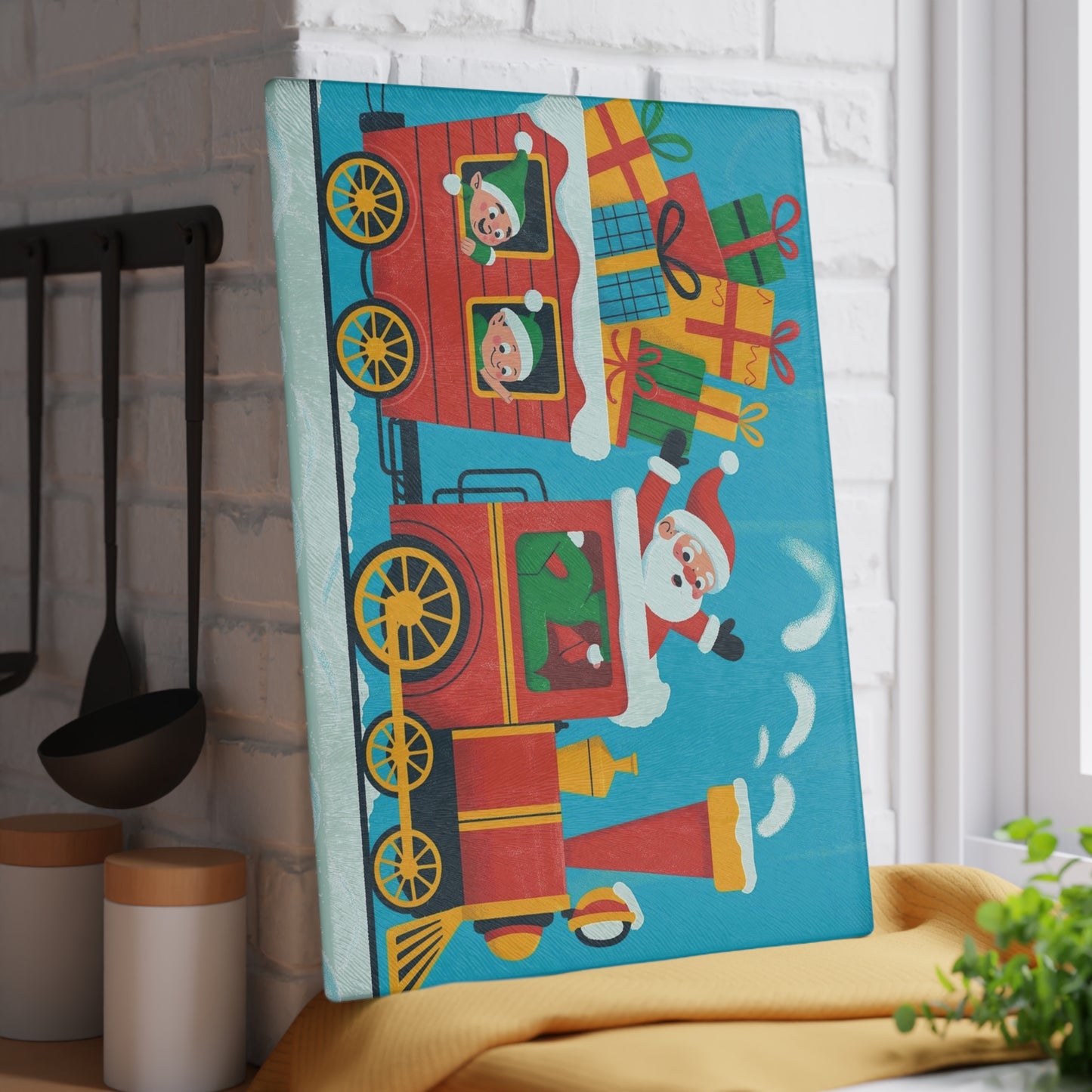 Christmas Santa Train Glass Cutting Board — Festive Holiday Kitchen Decor