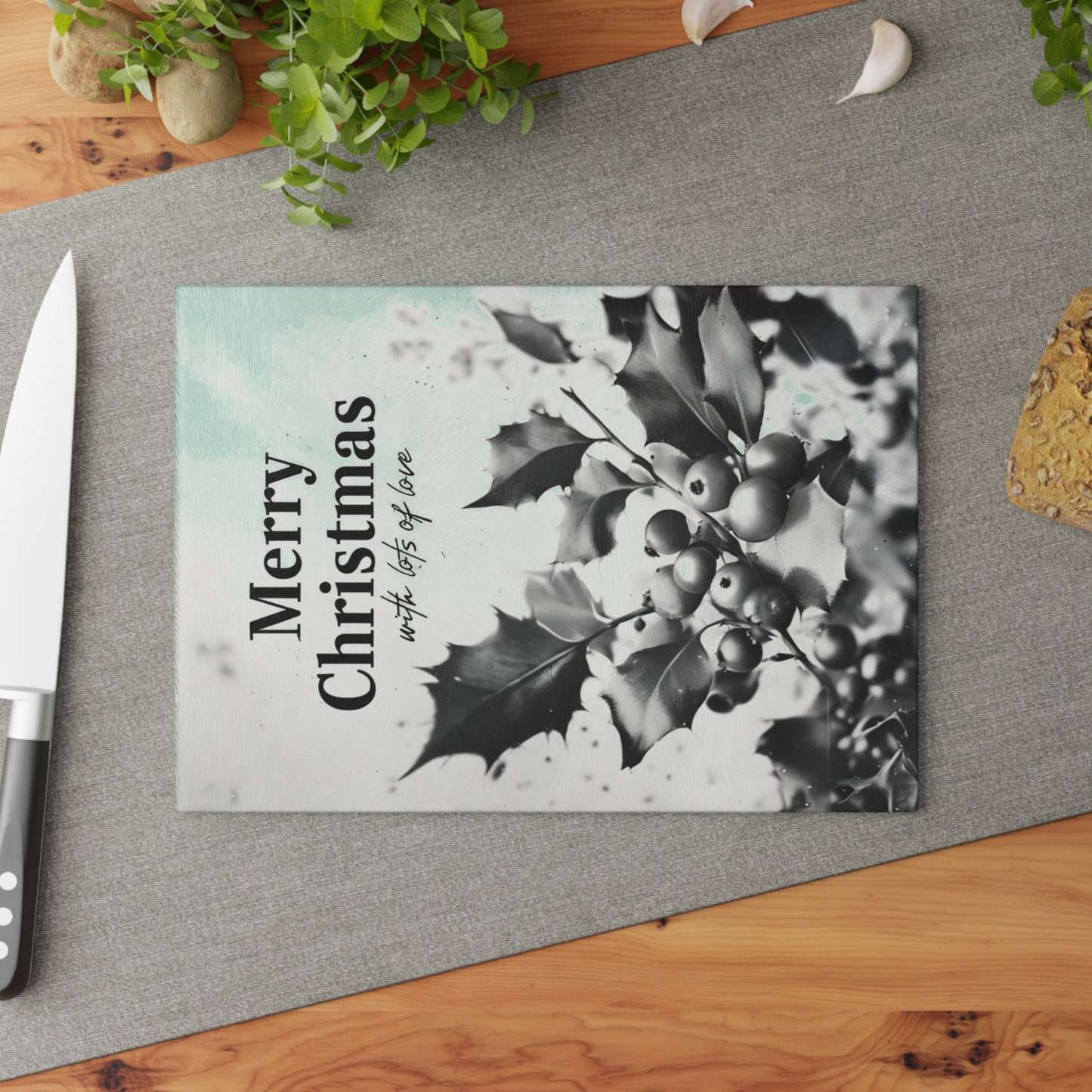 Merry Christmas Glass Cutting Board – Holly Berries Holiday Kitchen Decor