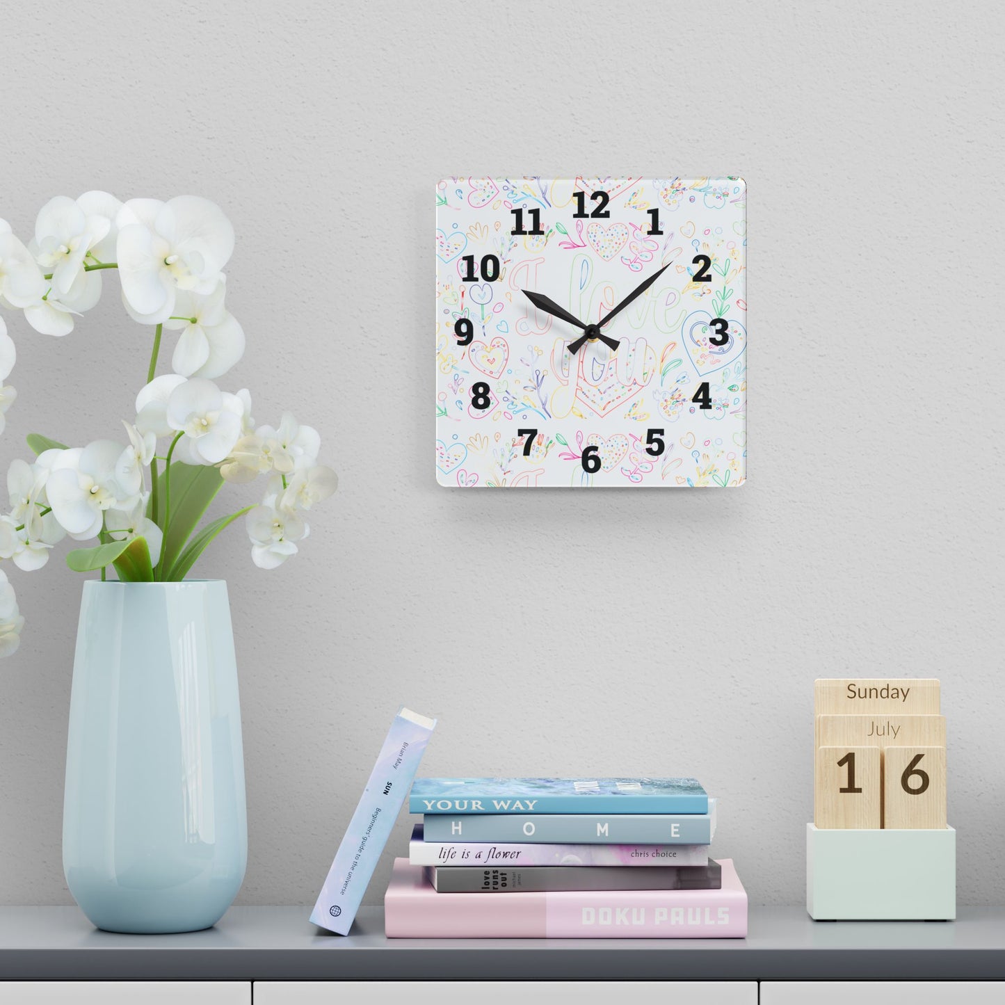 Whimsical Acrylic Wall Clock - Love You Decor, Heart Design, Gift for Her,