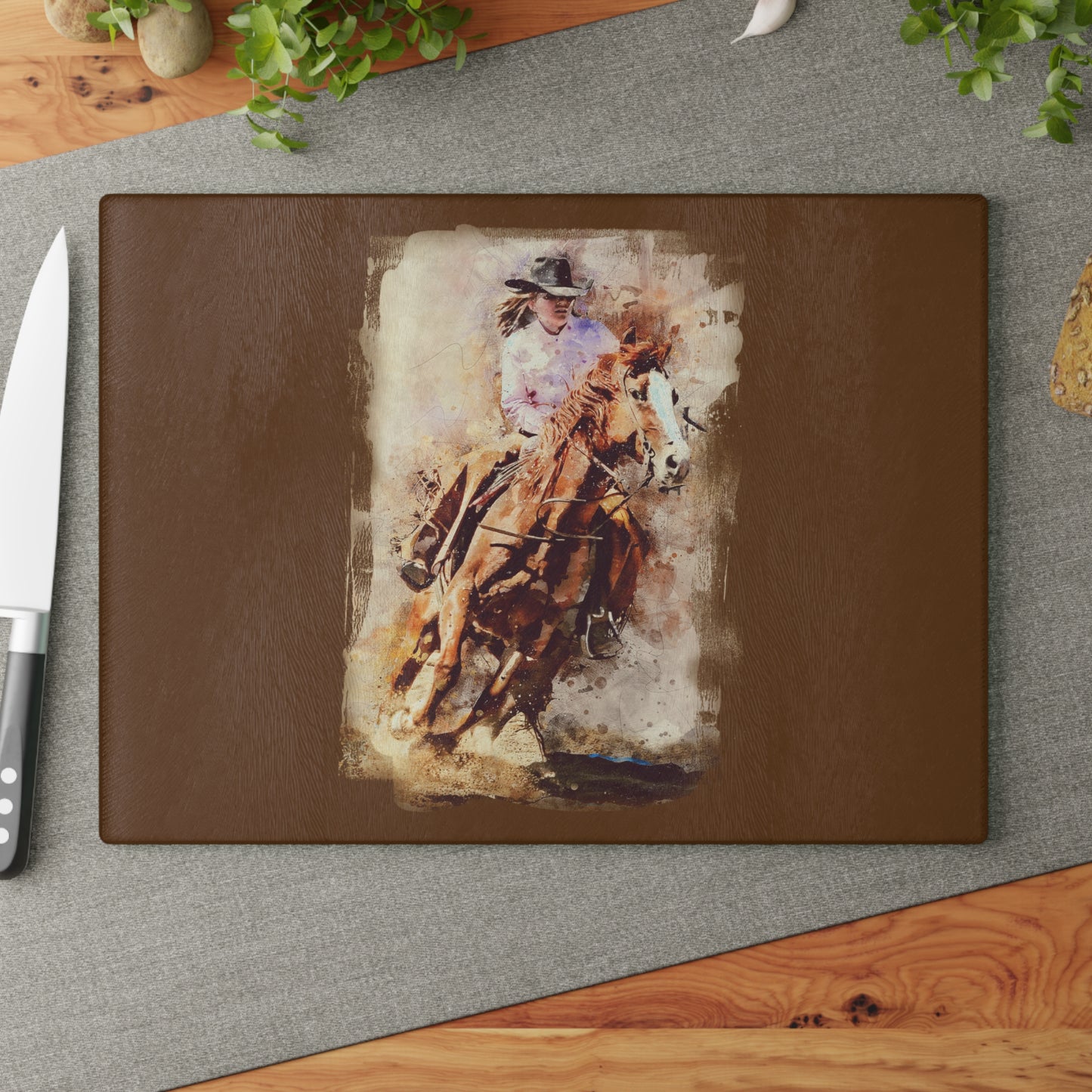 Rustic Horseback Riding Glass Cutting Board
