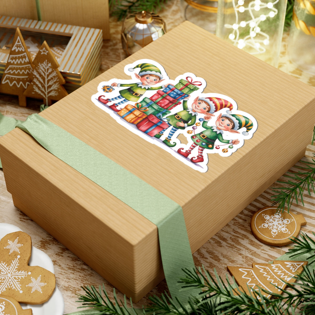 Christmas Elf Kiss-Cut Sticker - Cute Holiday Present Stack Decal