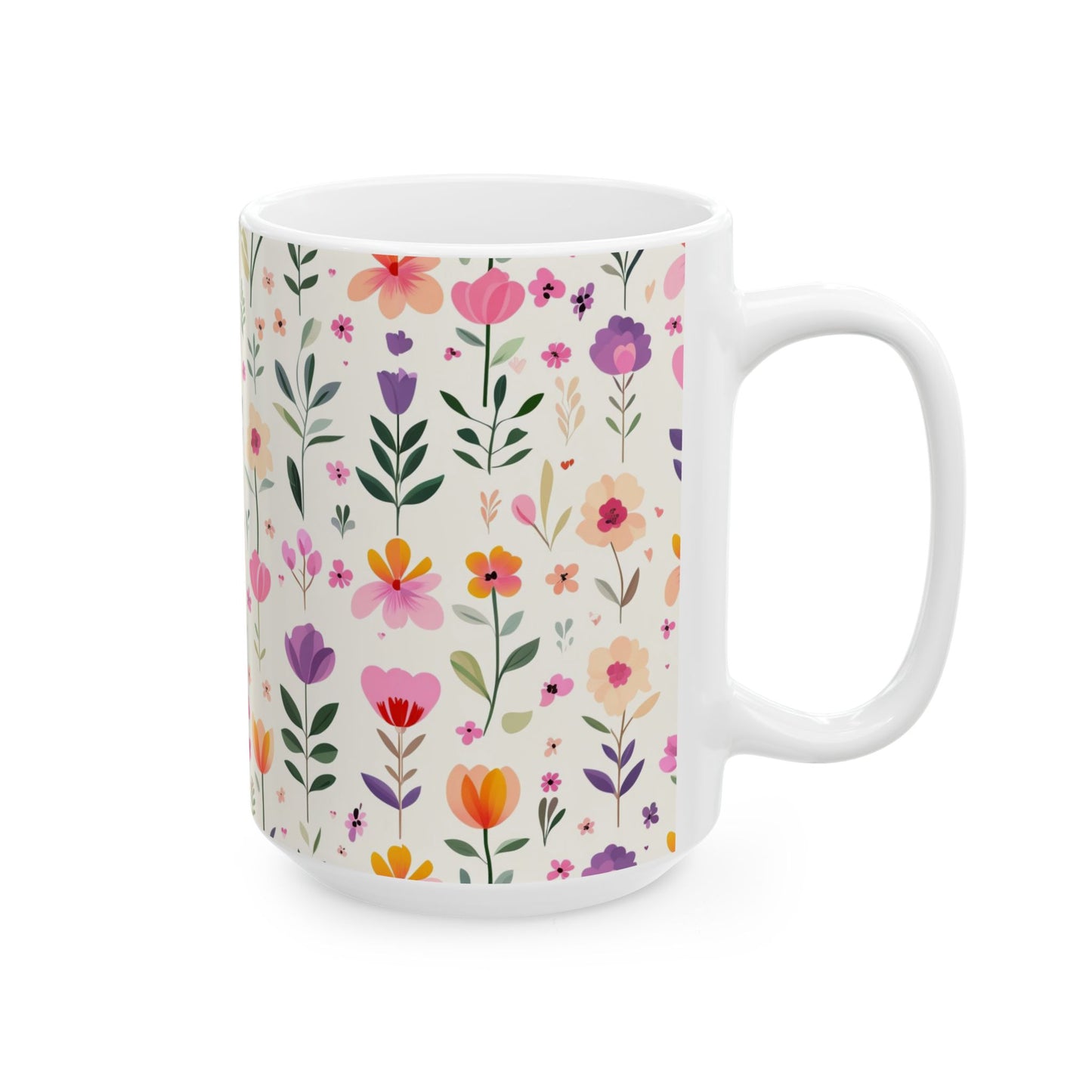 Floral Pattern Ceramic Mug — Pink Spring Flowers 11oz & 15oz