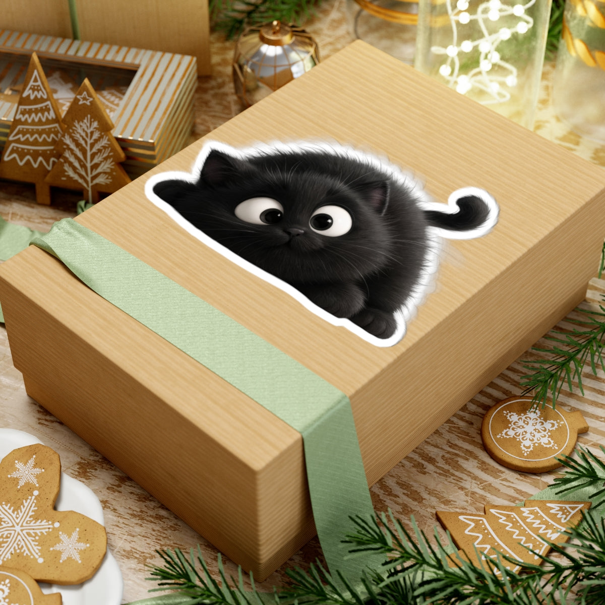 Cute Fluffy Black Kitten Kiss-Cut Sticker — Playful Cat Laptop Decal