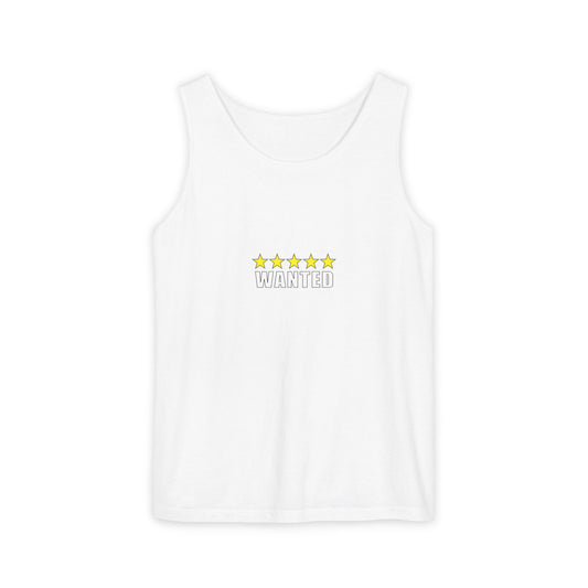 5-Star "WANTED" Garment-Dyed Tank Top, Unisex Summer Shirt, Gift for Him/Her, Trendy Casual Wear, Pool Party Outfit, Unique Graphic Tee
