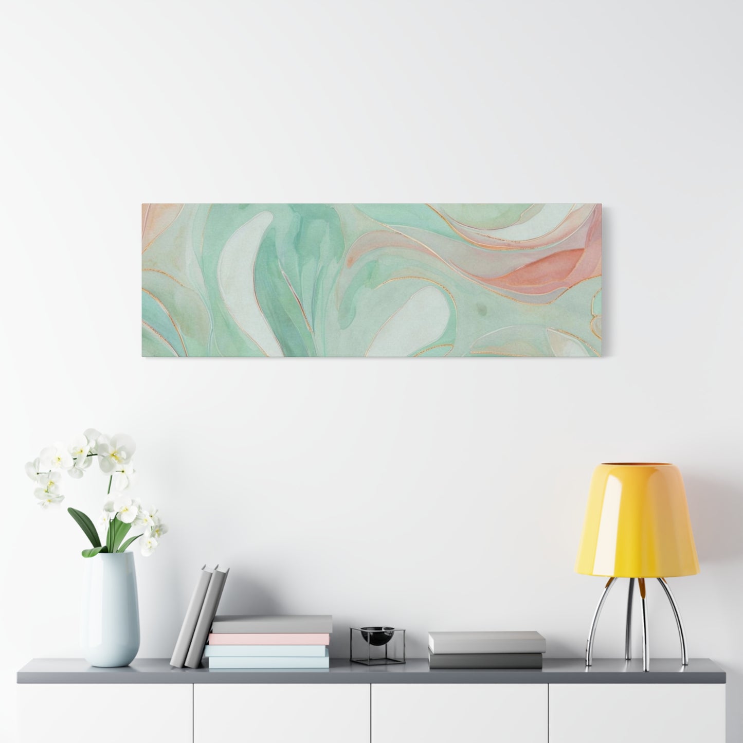 Abstract Green Marble Canvas Print — Teal & Coral Swirl Wall Art