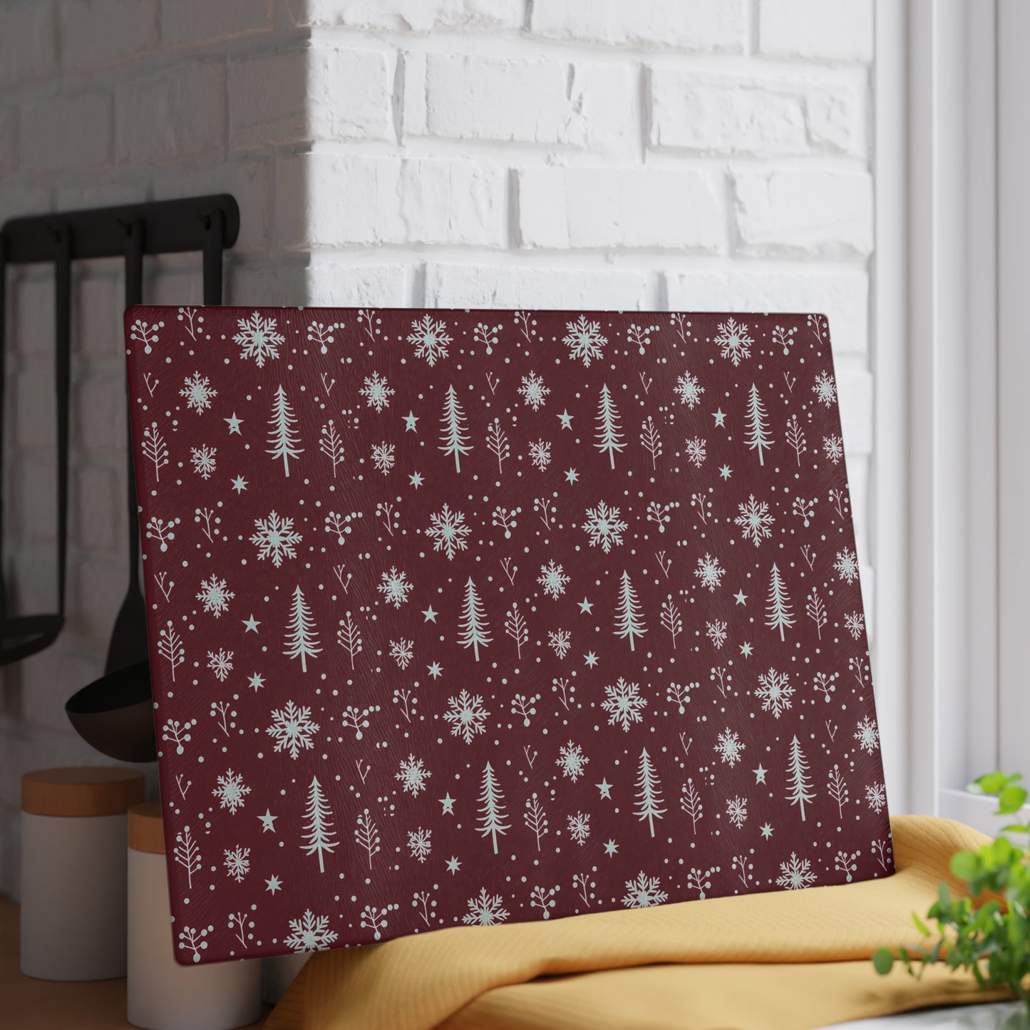 Holiday Snowflake & Pine Glass Cutting Board — Festive Winter Kitchen Decor