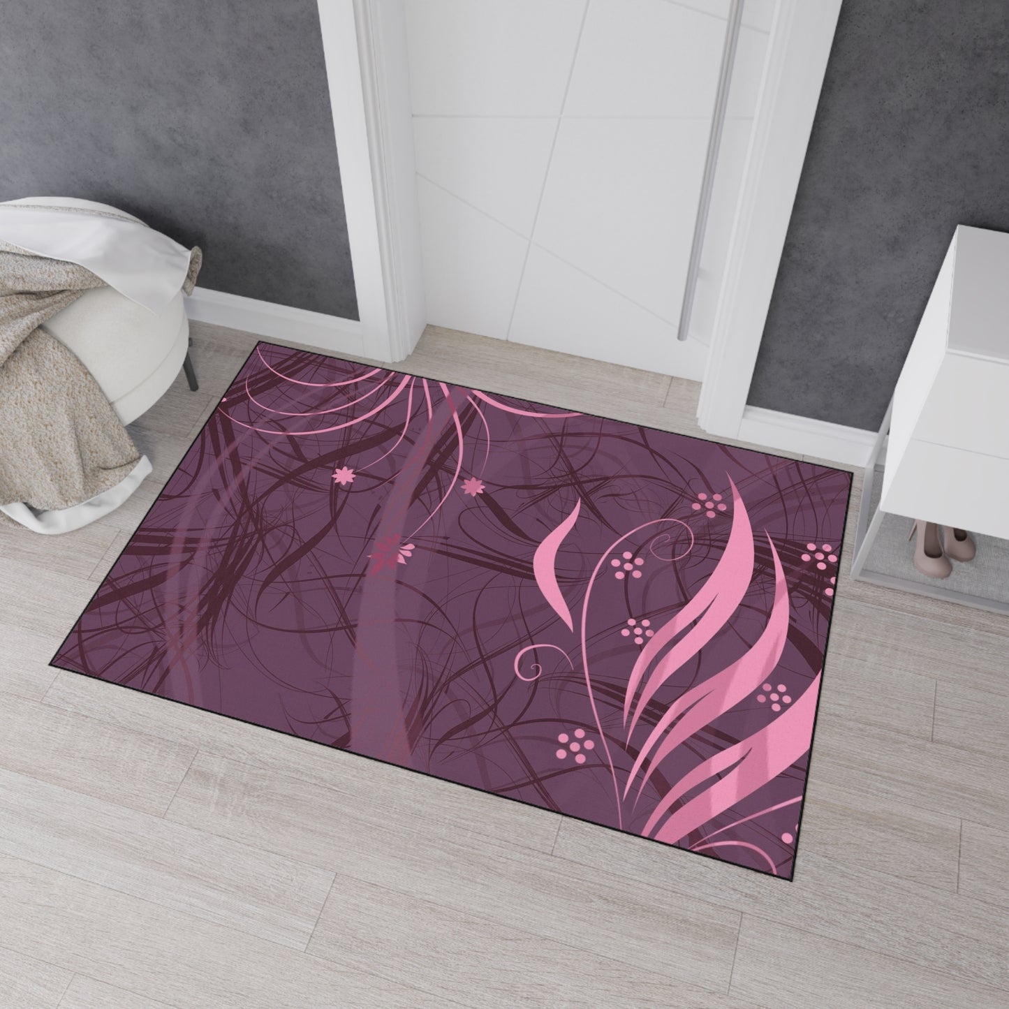Floral Plum Heavy-Duty Floor Mat — Pink Swirl Entrance Rug