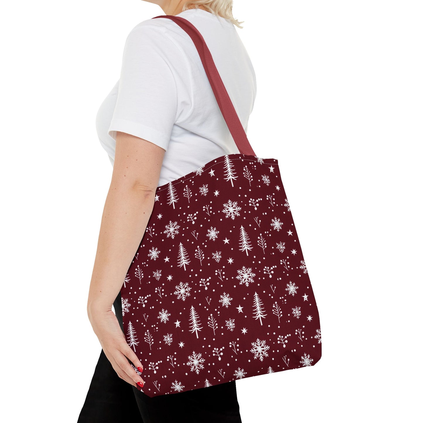 Christmas Snowflake Tote Bag – Burgundy Holiday Patterned Carryall