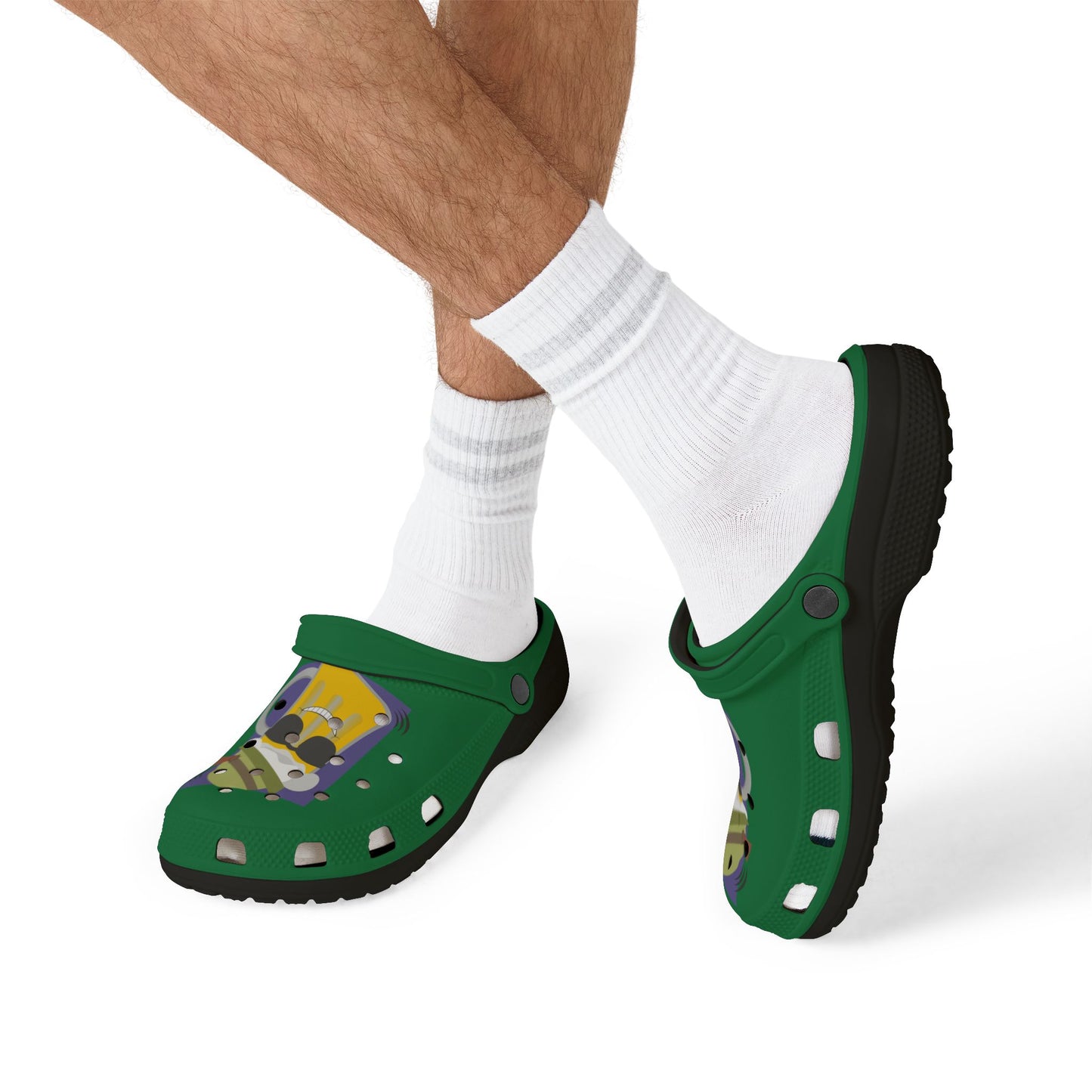 Green Foam Clogs with Cool Sunglasses Mug Graphic — Fun Casual Slip-On Shoes