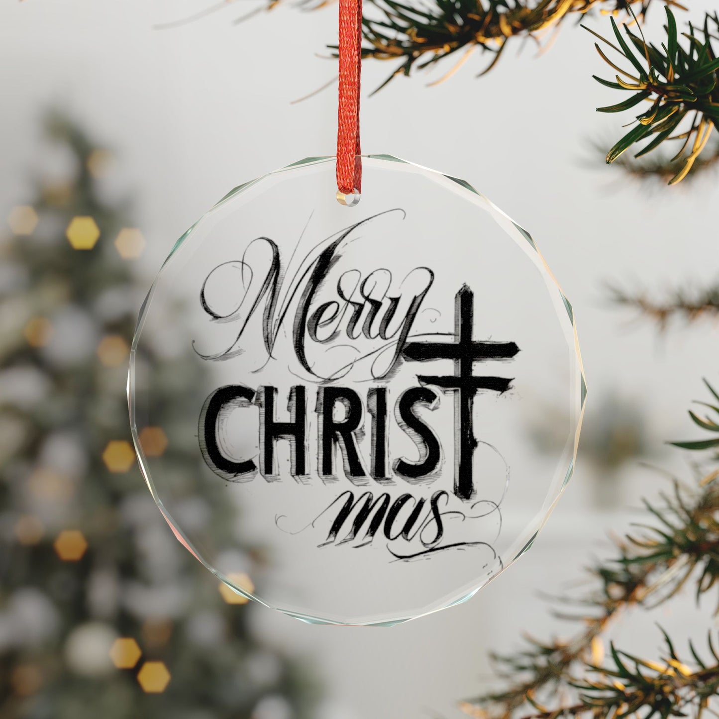 Crystal Heart Ornament — “Merry Christ-mas” Religious Christmas Glass Decoration