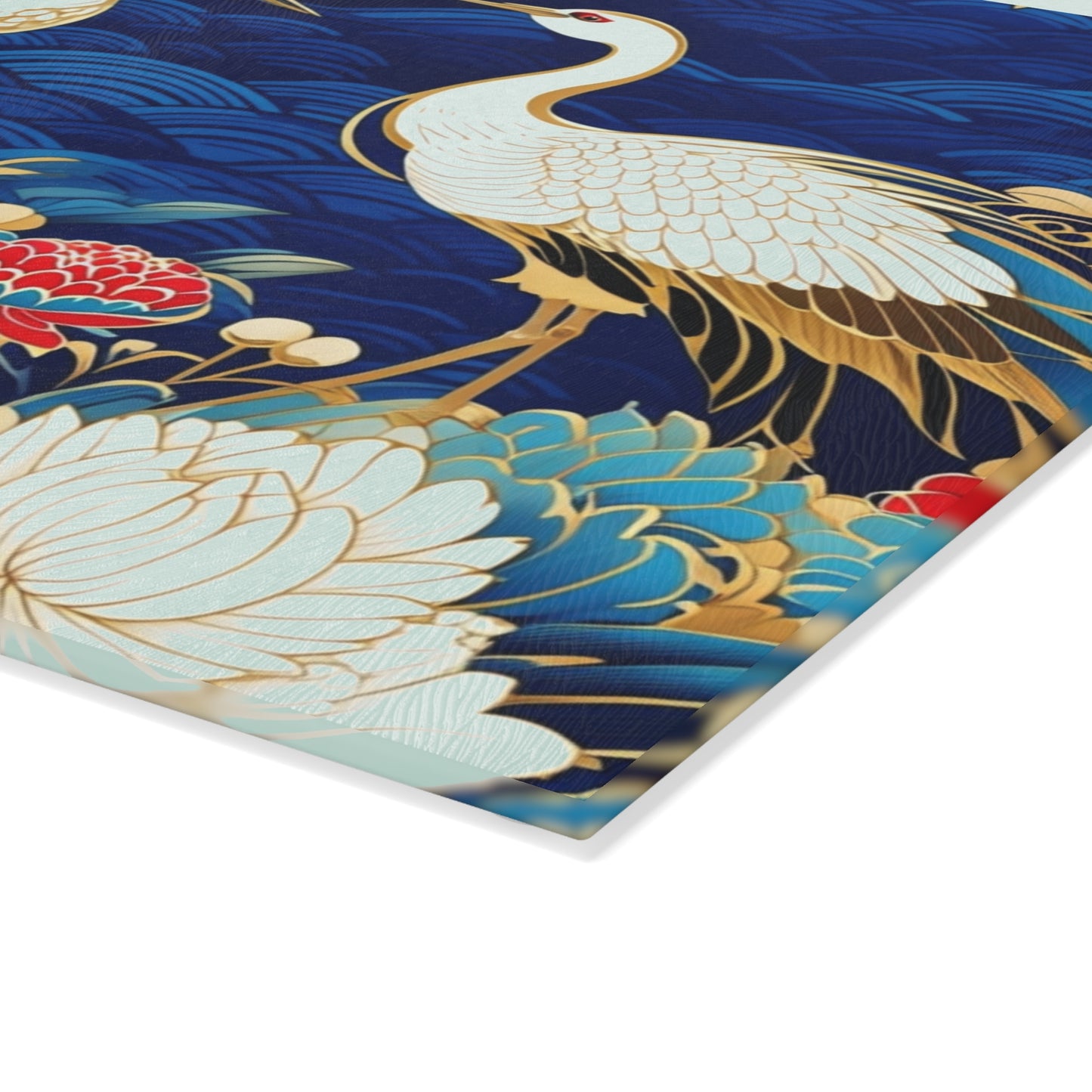 Glass Cutting Board - Elegant Japanese Crane & Peony Floral Pattern