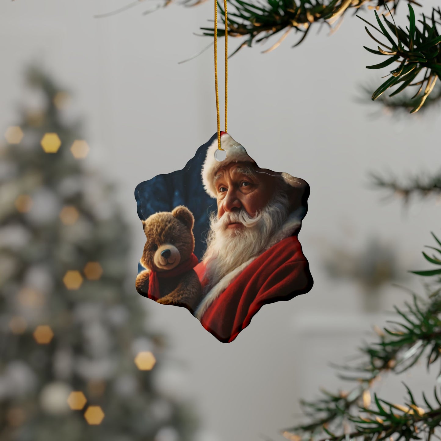 Santa Bear Ceramic Ornaments - 2-Sided Christmas Decor, Holiday Gifts, Tree Decorations, Set of 1, 3, 5, 10
