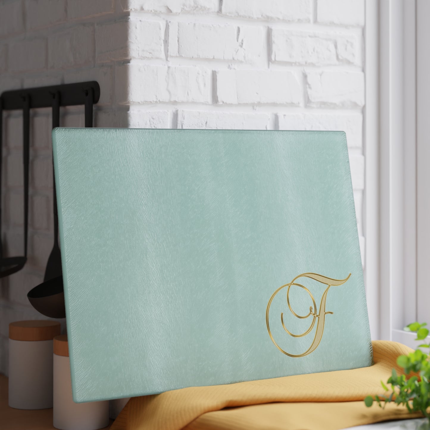Monogram Glass Cutting Board — Elegant Gold Script "F" on Mint