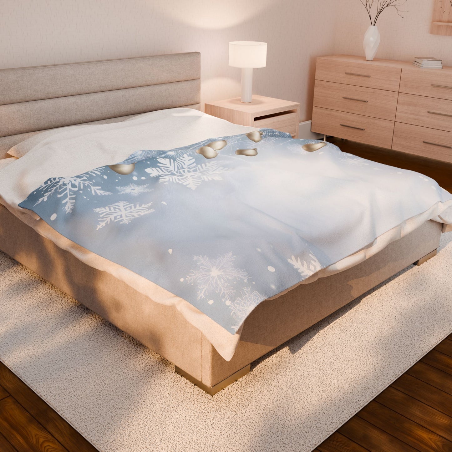 Holiday Snowflake Velveteen Plush Blanket — Gold Ornament Winter Throw