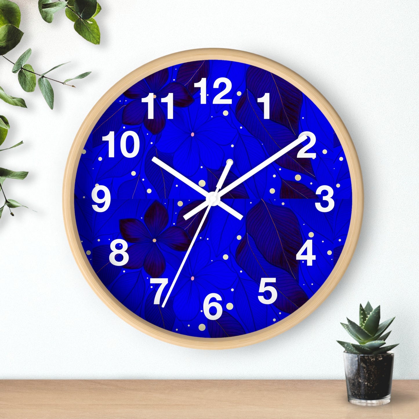 Elegant Floral Blue Wall Clock, Home Decor, Gift for Her, Modern Design, Office Timepiece, Blue Accent Clock