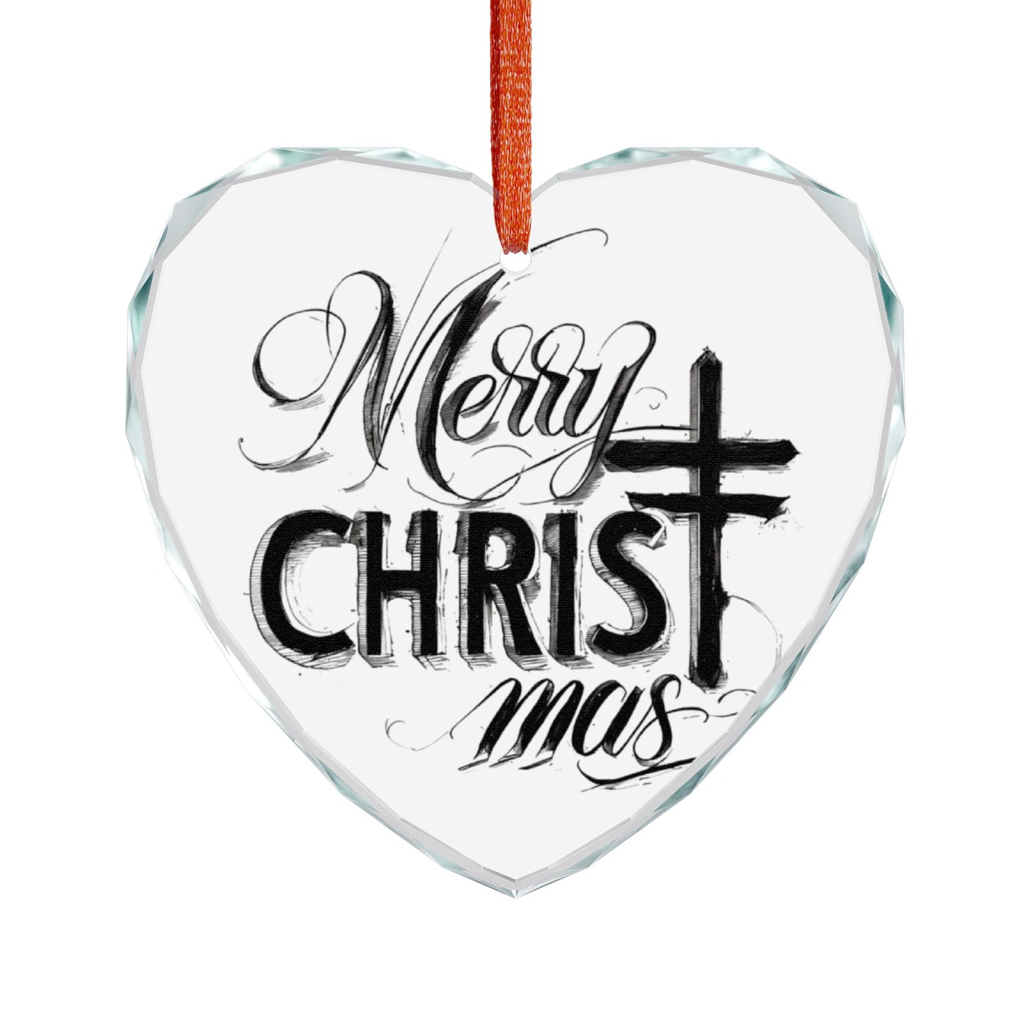 Crystal Heart Ornament — “Merry Christ-mas” Religious Christmas Glass Decoration