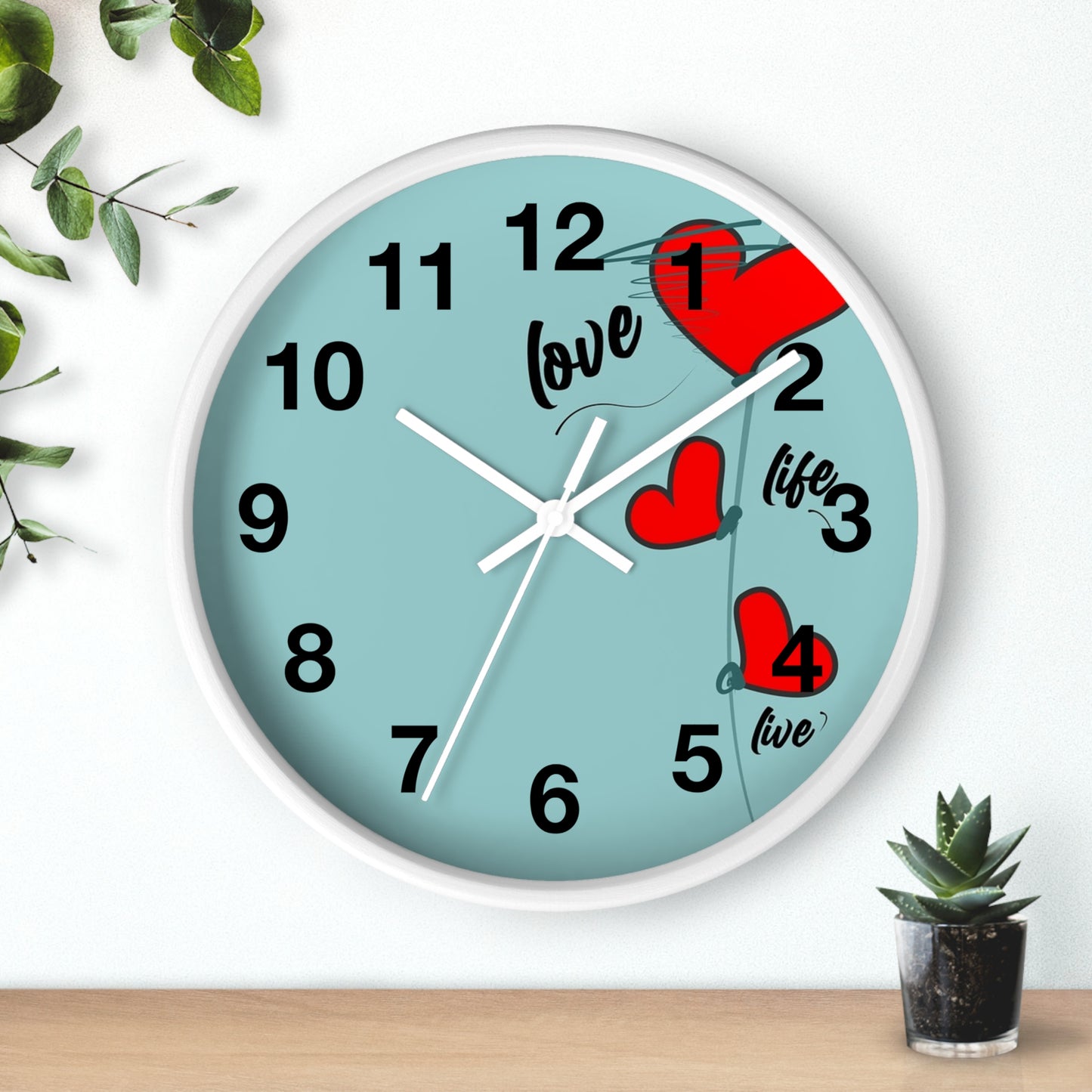 Love Hearts Wall Clock — Retro Teal Clock with Red Hearts & 'Love' Typography
