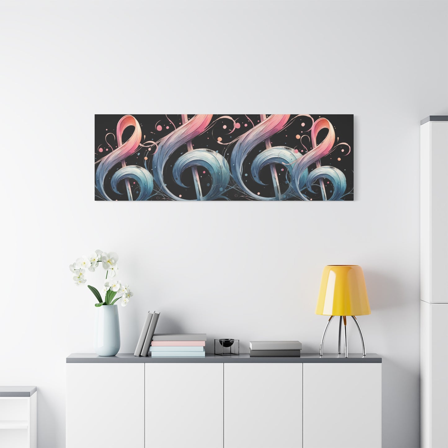 Musical Treble Clef Canvas Wall Art — Pastel Ribbon Notes on Black