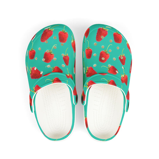Strawberry Print Kid's EVA Foam Clogs, Fun Summer Footwear, Playful Garden Clogs, Kids Summer Shoes, Cute Outdoor Sandals