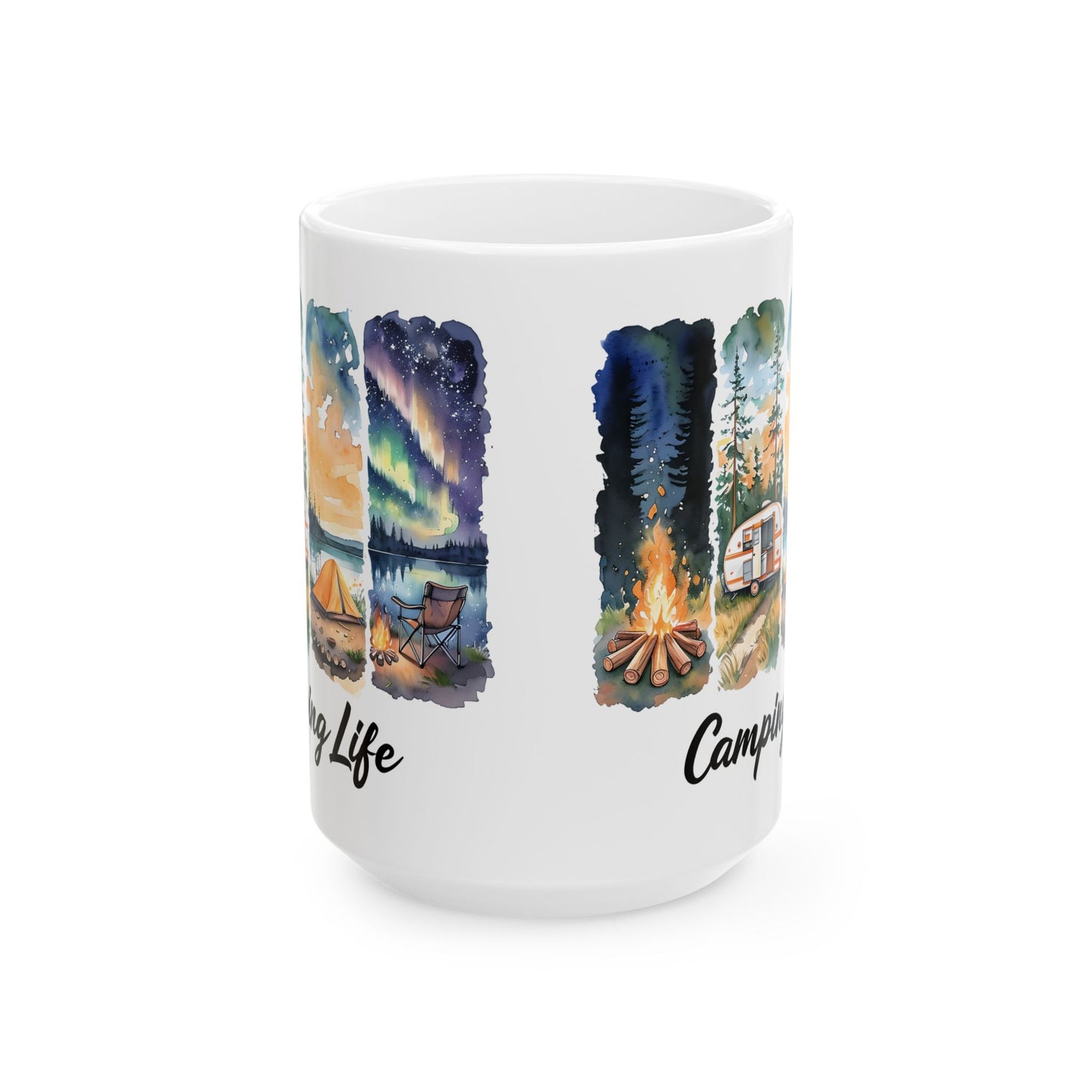Camping Life Ceramic Mug — Scenic Campfire & Northern Lights Coffee Cup (11oz/15oz)